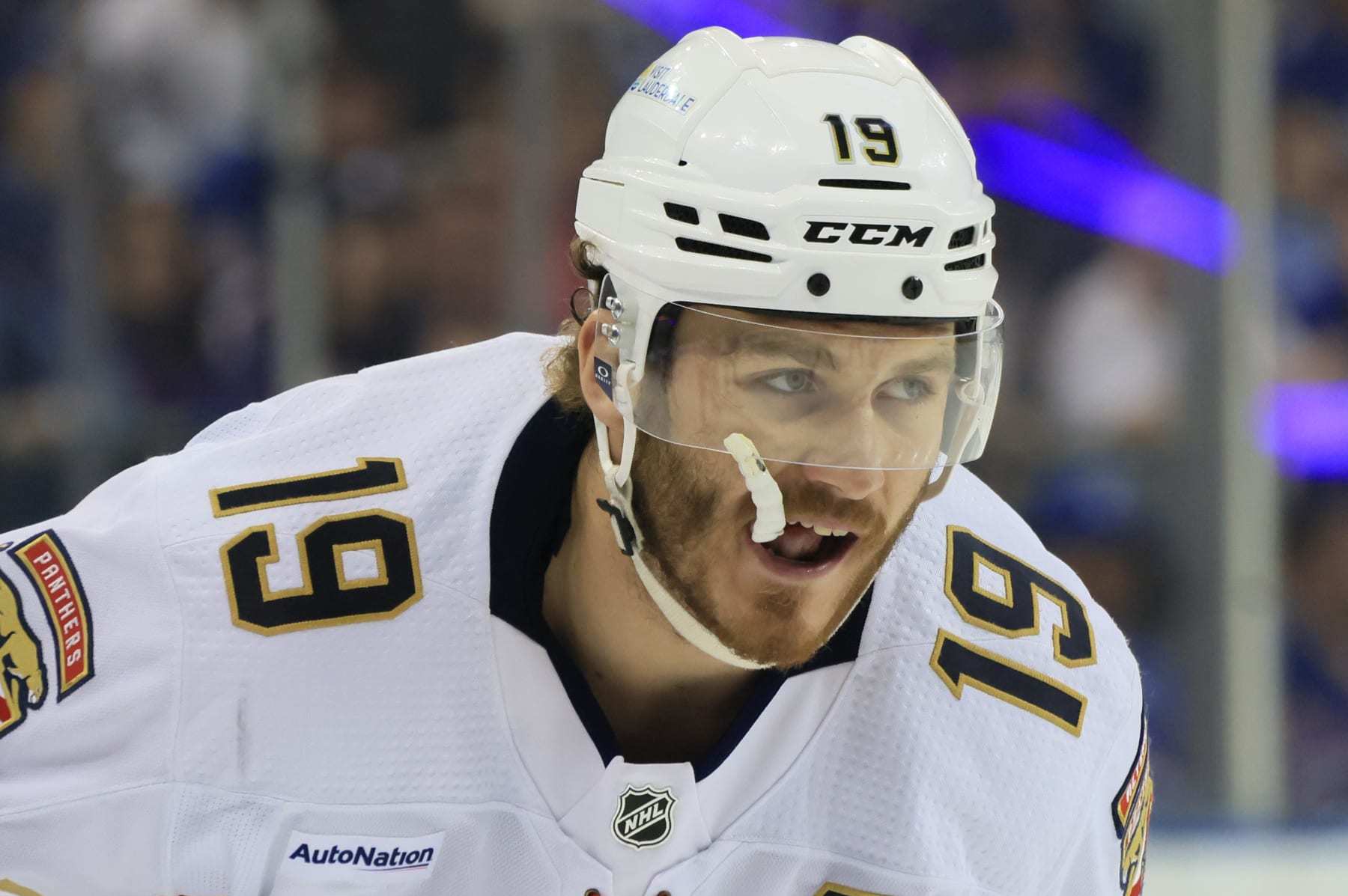 NEW YORK, NEW YORK - MAY 30: Matthew Tkachuk #19 of the Florida Panthers looks on during the first period against the New York Rangers in Game Five of the Eastern Conference Final of the 2024 Stanley Cup Playoffs at Madison Square Garden on May 30, 2024 in New York City. (Photo by Bruce Bennett/Getty Images)