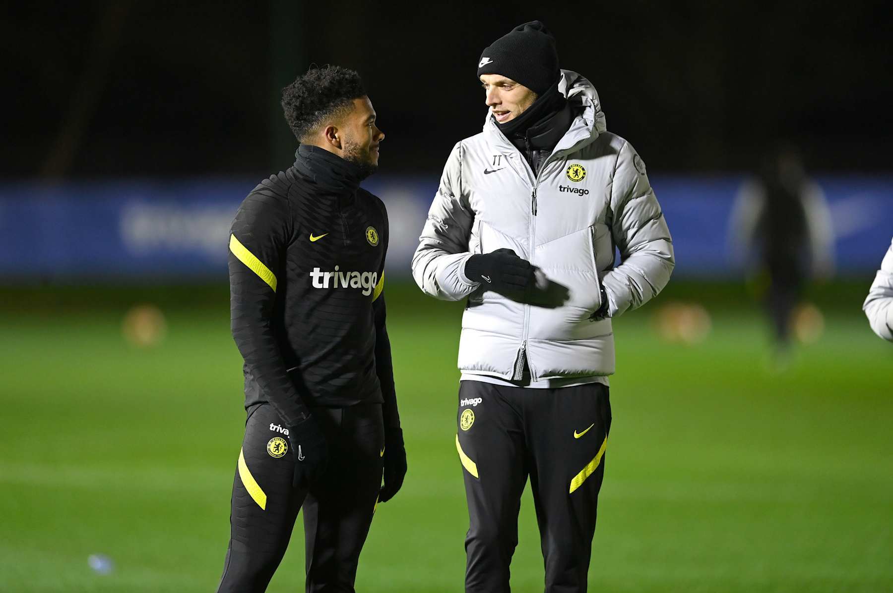 COBHAM, ENGLAND - DECEMBER 28: Reece James and Thomas Tuchel of Chelsea during a training session at Chelsea Training Ground on December 28, 2021 in Cobham, England. (Photo by Darren Walsh/Chelsea FC via Getty Images)
