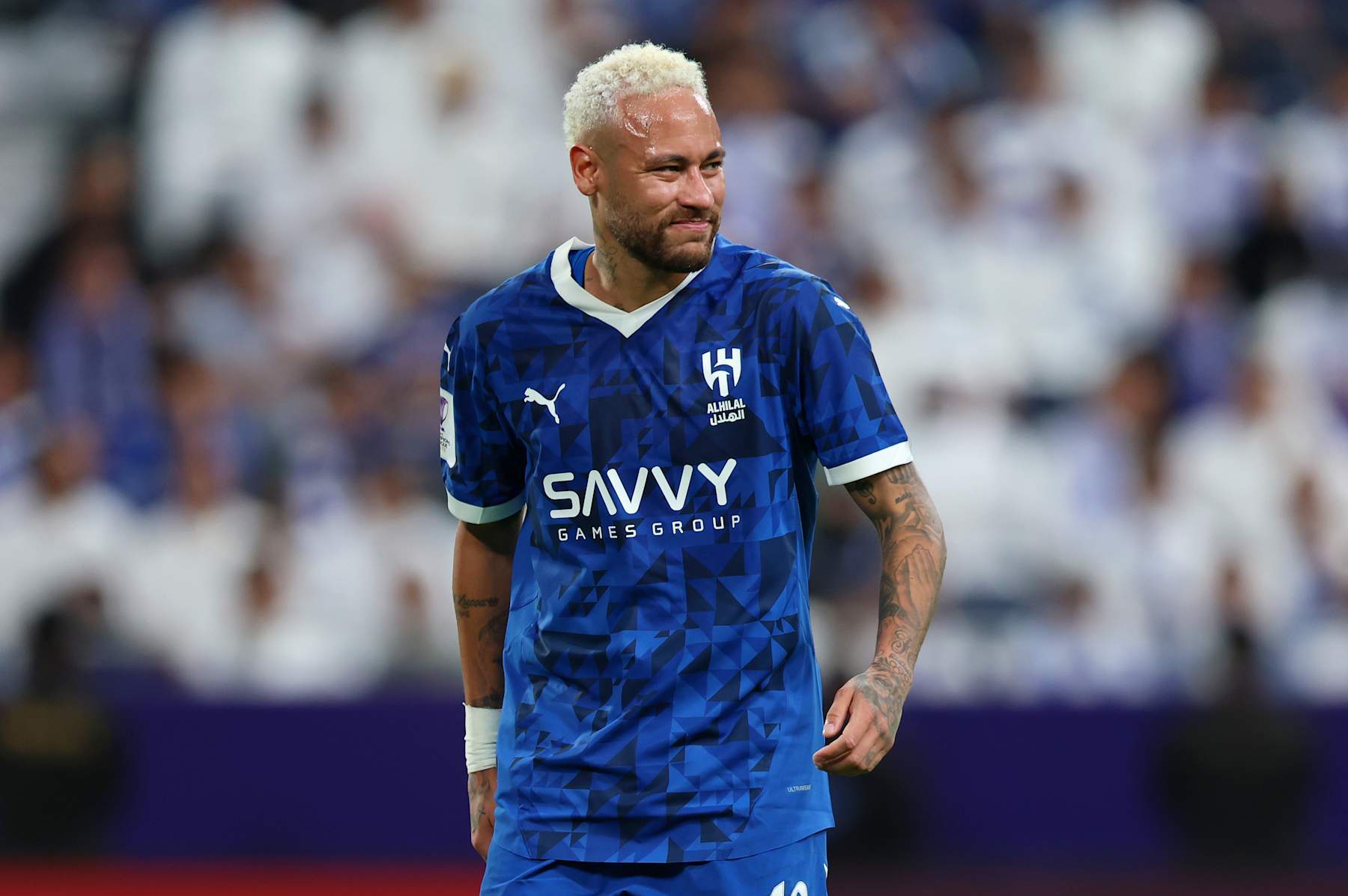 RIYADH, SAUDI ARABIA - NOVEMBER 04: Neymar of Al-Hilal reacts with an injury during the AFC Champions League Elite match between Al-Hilal and Esteghlal at Kingdom Arena on November 04, 2024 in Riyadh, Saudi Arabia. (Photo by Yasser Bakhsh/Getty Images)