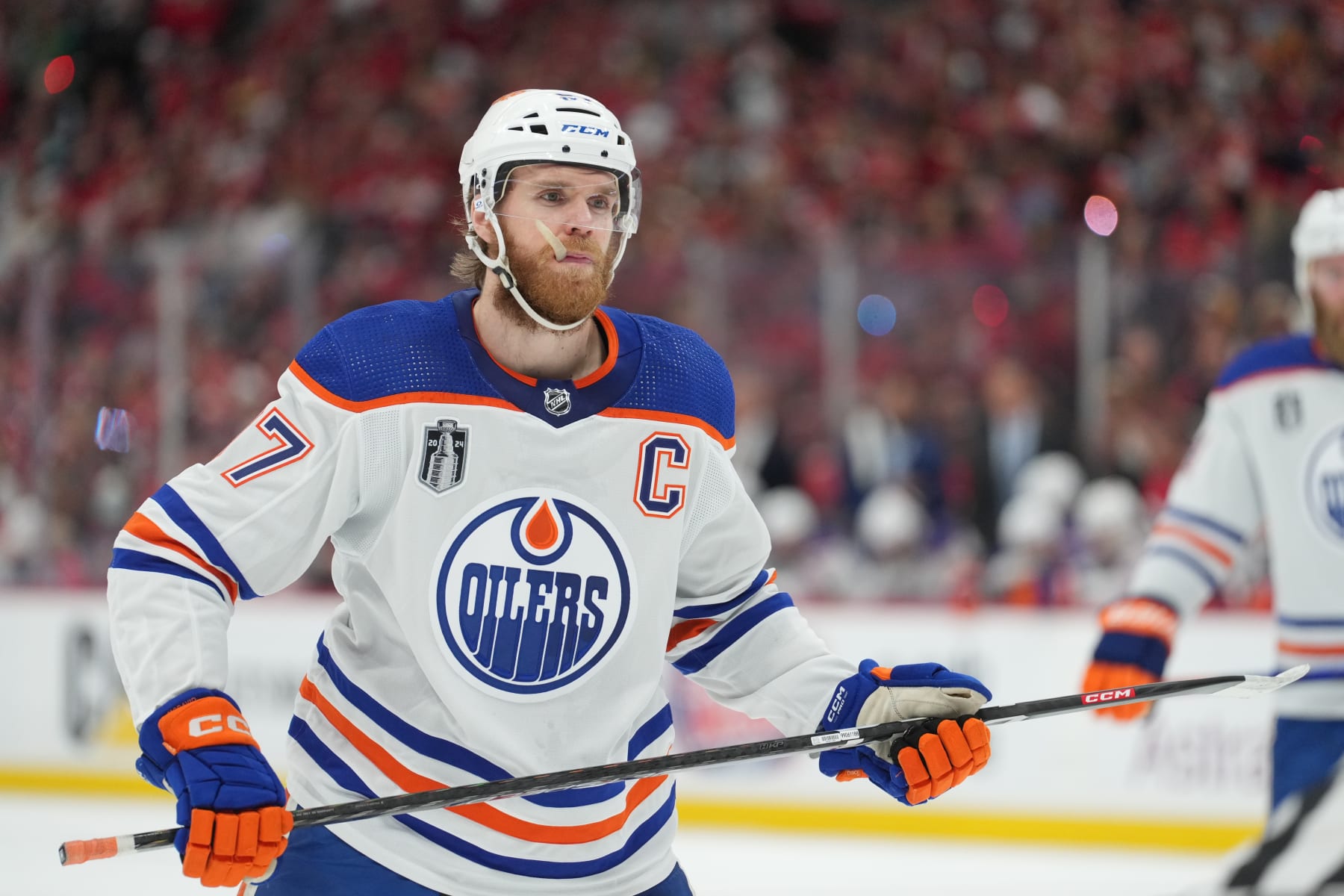 SUNRISE, FL - JUNE 18: Edmonton Oilers center Connor McDavid (97) gets ready for a face-off in the first period during game five of the Stanley Cup Finals between the Edmonton Oilers and the Florida Panthers on Tuesday, June 18 , 2024 at Amerant Bank Arena in Sunrise, Fla. (Photo by Peter Joneleit/Icon Sportswire via Getty Images)