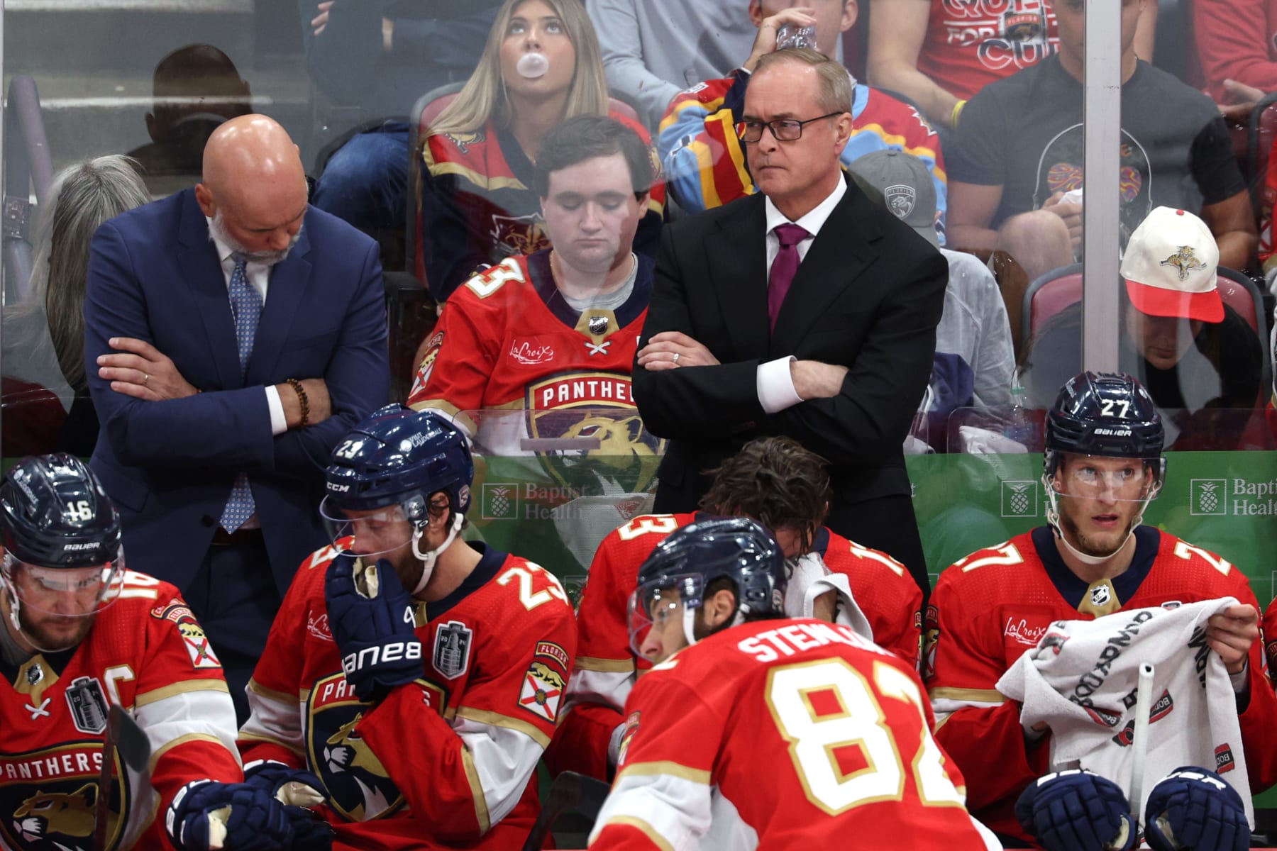 SUNRISE, FLORIDA - JUNE 18: Florida Panthers head coach Paul Maurice looks on during the second period against the Edmonton Oilers in Game Five of the 2024 Stanley Cup Final at Amerant Bank Arena on June 18, 2024 in Sunrise, Florida.  (Photo by Elsa/Getty Images)