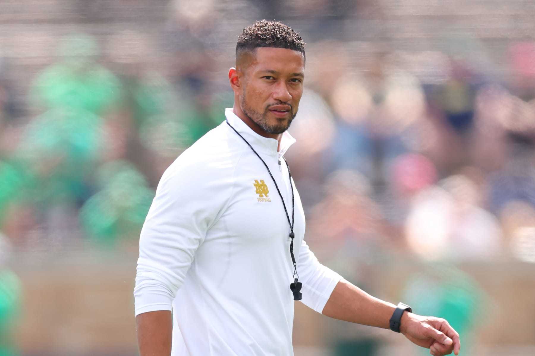 SOUTH BEND, INDIANA - SEPTEMBER 17: Head coach Marcus Freeman of the Notre Dame Fighting Irish looks on prior to the game against the California Golden Bears at Notre Dame Stadium on September 17, 2022 in South Bend, Indiana. (Photo by Michael Reaves/Getty Images) SOUTH BEND, INDIANA - SEPTEMBER 17: Head coach Marcus Freeman of the Notre Dame Fighting Irish looks on prior to the game against the California Golden Bears at Notre Dame Stadium on September 17, 2022 in South Bend, Indiana. (Photo by Michael Reaves/Getty Images)