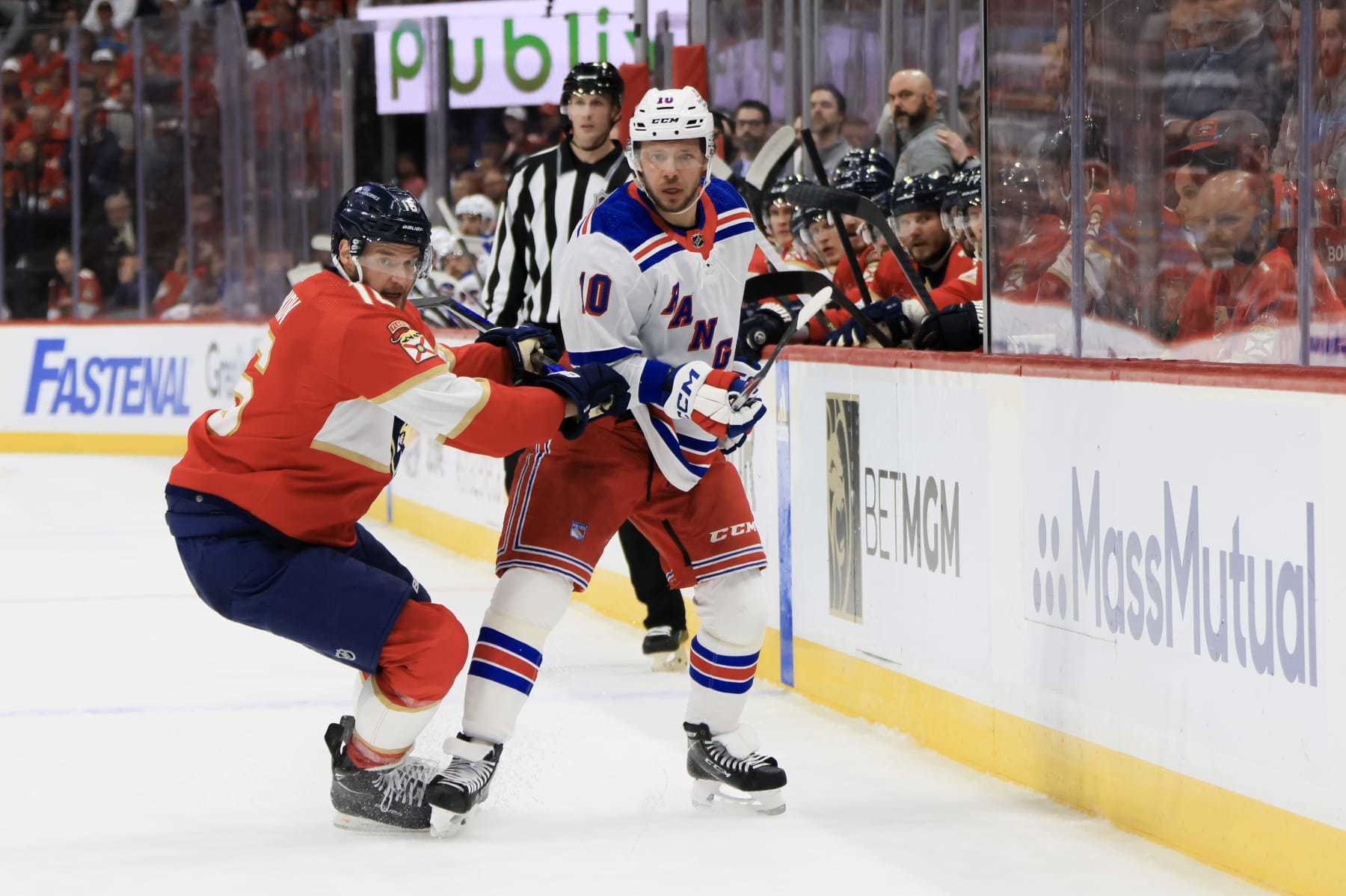 SUNRISE, FLORIDA - JUNE 01: Aleksander Barkov #16 of the Florida Panthers hits Artemi Panarin #10 of the New York Rangers \d1p in Game Six of the Eastern Conference Final of the 2024 Stanley Cup Playoffs at Amerant Bank Arena on June 01, 2024 in Sunrise, Florida. (Photo by Bruce Bennett/Getty Images)