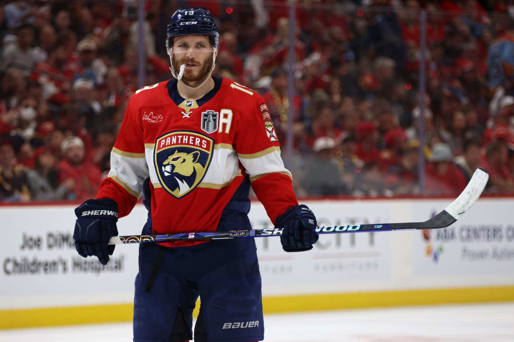 SUNRISE, FLORIDA - JUNE 10: Matthew Tkachuk #19 of the Florida Panthers is seen during the second period of Game Two of the 2024 Stanley Cup Final between the Edmonton Oilers and the Florida Panthers at Amerant Bank Arena on June 10, 2024 in Sunrise, Florida. (Photo by Dave Sandford/NHLI via Getty Images)