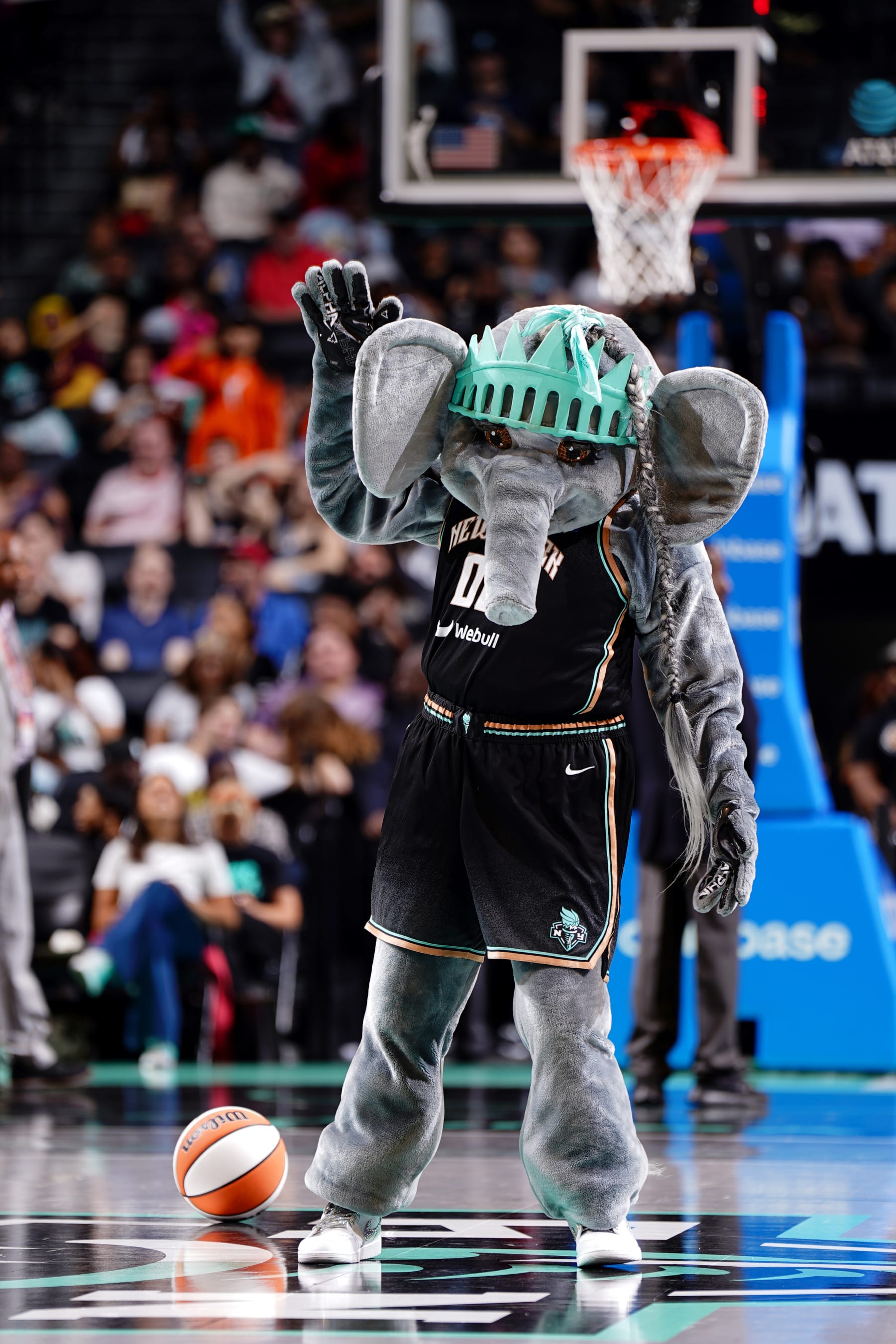 BROOKLYN, NY - JUNE 13: Mascot Ellie the Elephant of the New York Liberty looks on during the game against the Atlanta Dream on June 13, 2023 in Brooklyn, New York. NOTE TO USER: User expressly acknowledges and agrees that, by downloading and or using this photograph, user is consenting to the terms and conditions of the Getty Images License Agreement. Mandatory Copyright Notice: Copyright 2023 NBAE (Photo by Catalina Fragoso/NBAE via Getty Images)