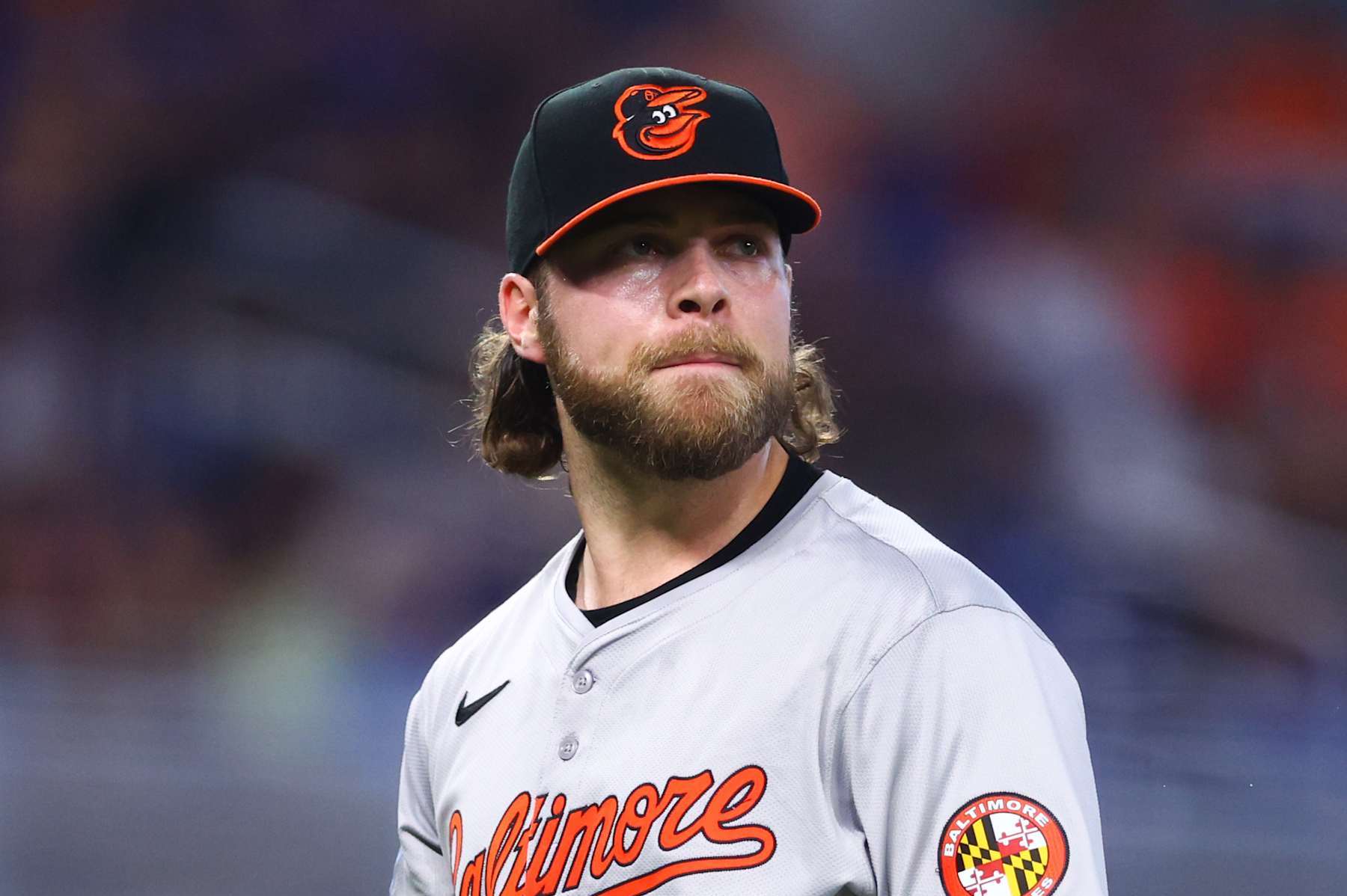 MIAMI, FLORIDA - JULY 25: Corbin Burnes #39 of the Baltimore Orioles looks on against the Miami Marlins during the fifth inning at loanDepot park on July 25, 2024 in Miami, Florida. (Photo by Megan Briggs/Getty Images)