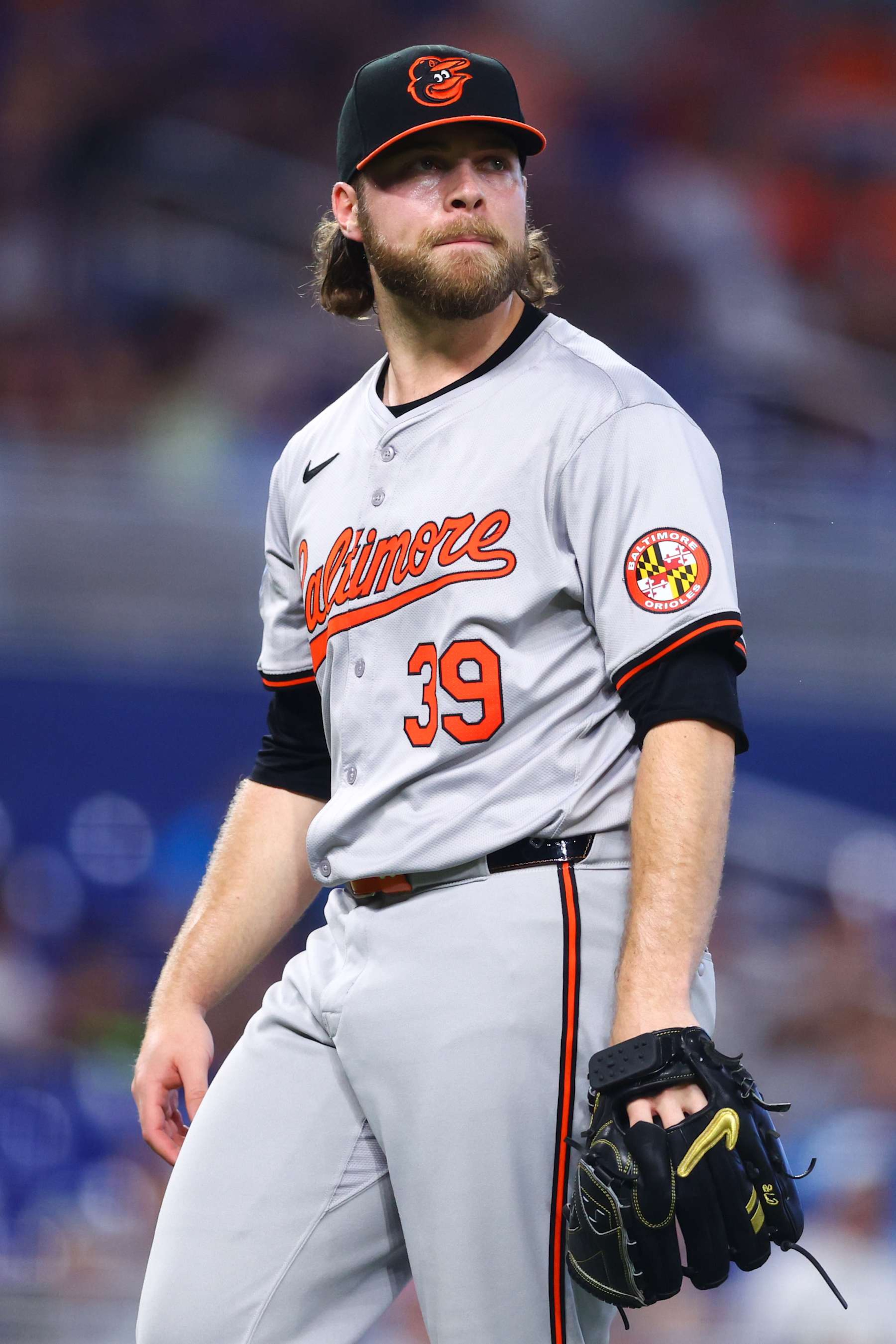 MIAMI, FLORIDA - JULY 25: Corbin Burnes #39 of the Baltimore Orioles looks on against the Miami Marlins during the fifth inning at loanDepot park on July 25, 2024 in Miami, Florida. (Photo by Megan Briggs/Getty Images)