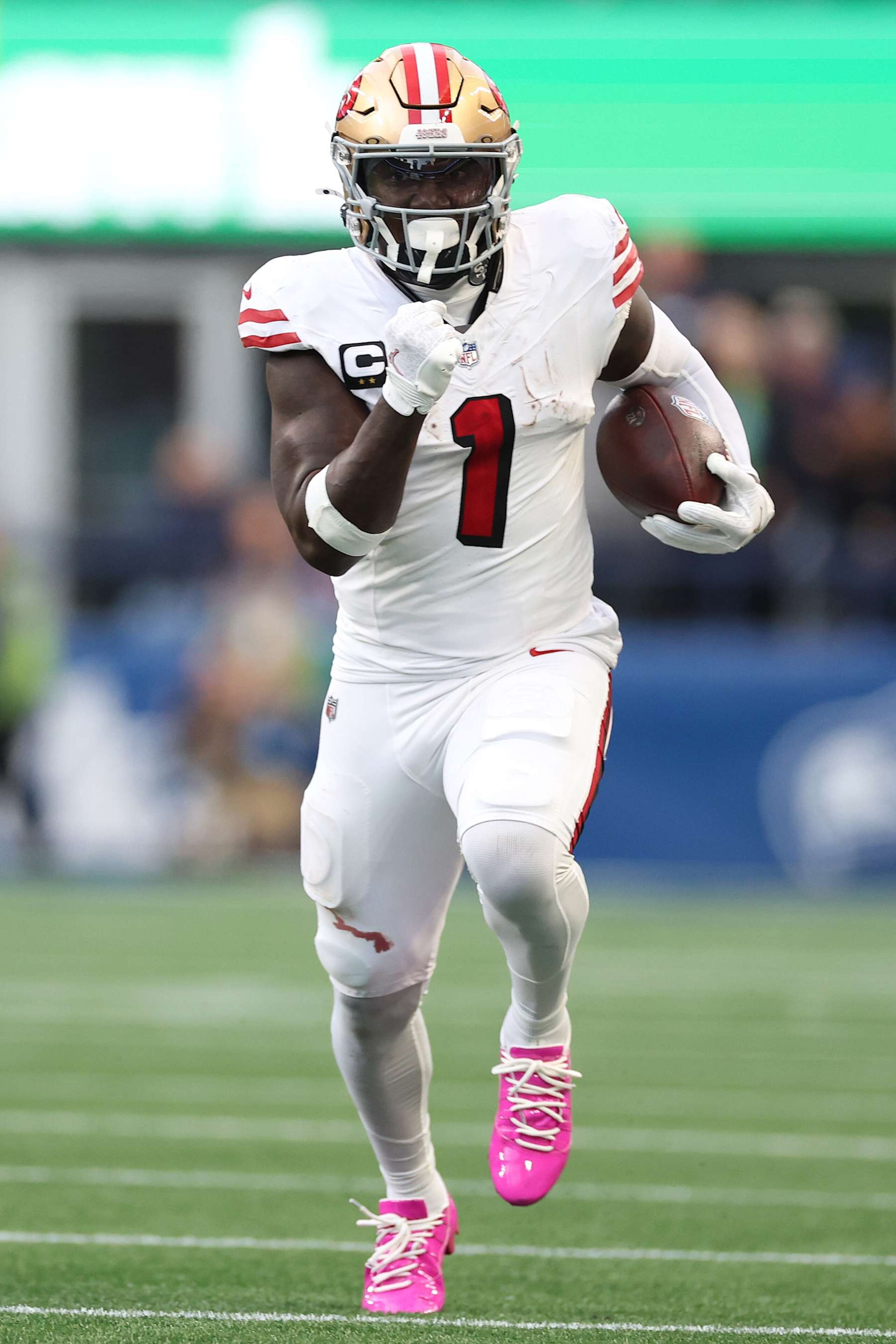 SEATTLE, WASHINGTON - OCTOBER 10: Deebo Samuel Sr. #1 of the San Francisco 49ers carries the ball against the Seattle Seahawks at Lumen Field on October 10, 2024 in Seattle, Washington. (Photo by Steph Chambers/Getty Images) SEATTLE, WASHINGTON - OCTOBER 10: Deebo Samuel Sr. #1 of the San Francisco 49ers carries the ball against the Seattle Seahawks at Lumen Field on October 10, 2024 in Seattle, Washington. (Photo by Steph Chambers/Getty Images)