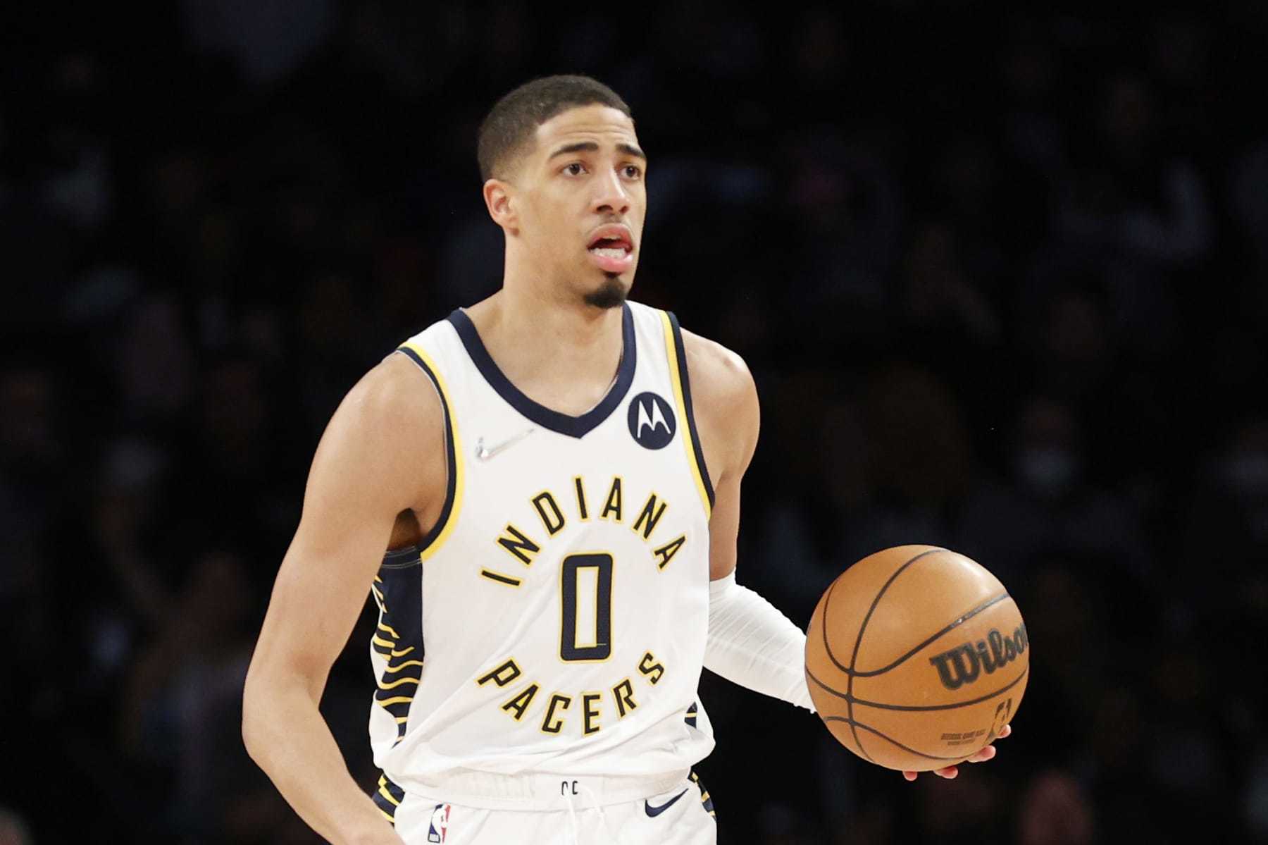 NEW YORK, NEW YORK - APRIL 10: Tyrese Haliburton #0 of the Indiana Pacers dribbles during the second half against the Brooklyn Nets at Barclays Center on April 10, 2022 in the Brooklyn borough of New York City. The Nets won 134-126. NOTE TO USER: User expressly acknowledges and agrees that, by downloading and or using this photograph, User is consenting to the terms and conditions of the Getty Images License Agreement. (Photo by Sarah Stier/Getty Images) NEW YORK, NEW YORK - APRIL 10: Tyrese Haliburton #0 of the Indiana Pacers dribbles during the second half against the Brooklyn Nets at Barclays Center on April 10, 2022 in the Brooklyn borough of New York City. The Nets won 134-126. NOTE TO USER: User expressly acknowledges and agrees that, by downloading and or using this photograph, User is consenting to the terms and conditions of the Getty Images License Agreement. (Photo by Sarah Stier/Getty Images)