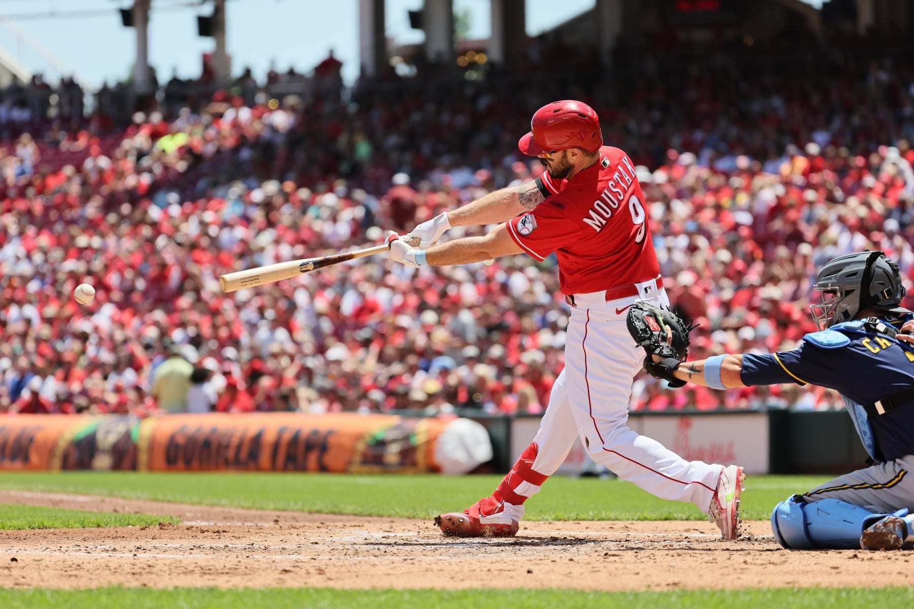 CINCINNATI, OHIO - JUNE 19: Mike Moustakas #9 of the Cincinnati Reds against the Milwaukee Brewers at Great American Ball Park on June 19, 2022 in Cincinnati, Ohio. (Photo by Andy Lyons/Getty Images)