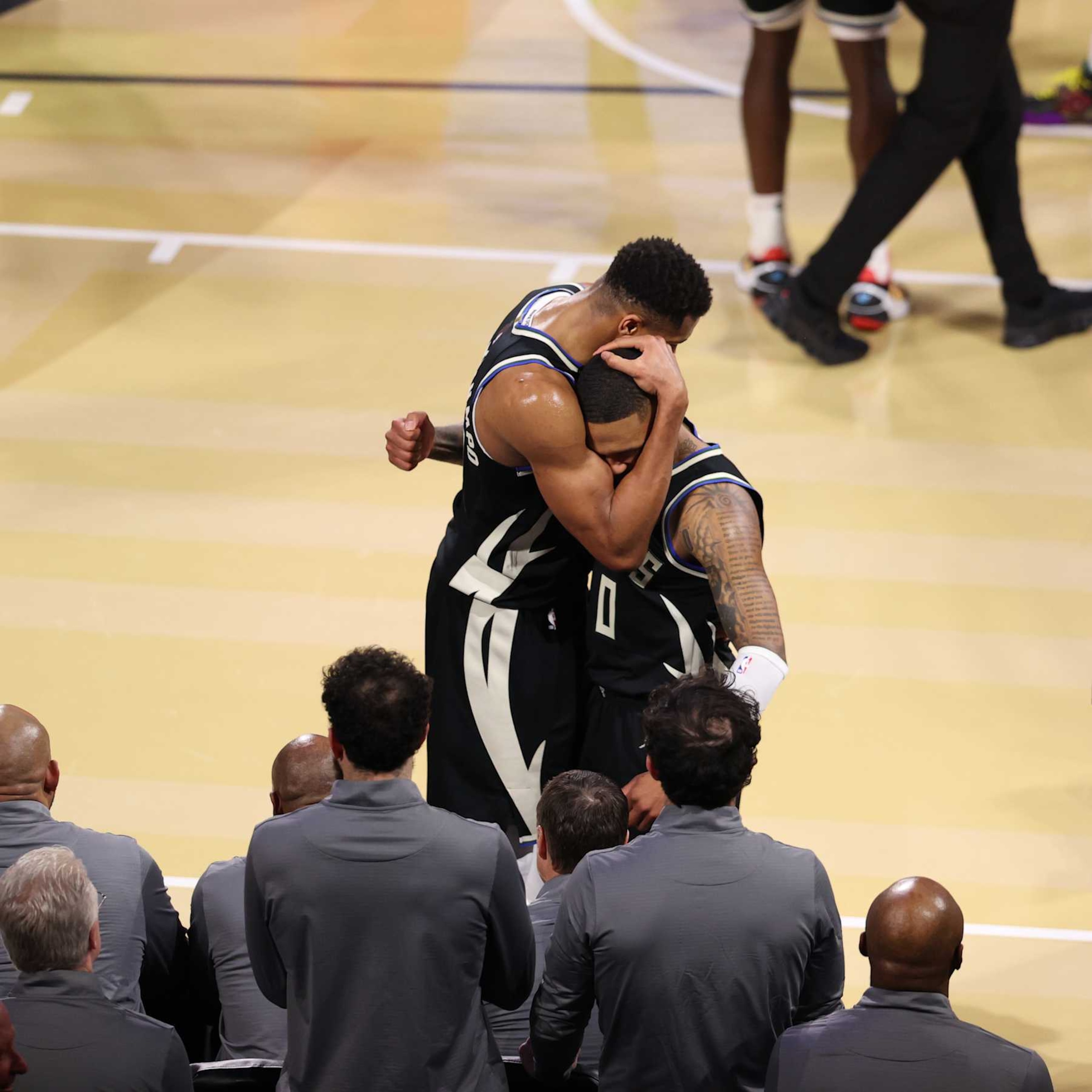 LAS VEGAS, NV - DECEMBER 17: Giannis Antetokounmpo #34 embraces Damian Lillard #0 of the Milwaukee Bucks after the game against the Oklahoma City Thunder during the Emirates NBA Cup Championship game on December 17, 2024 at T-Mobile Arena in Las Vegas, Nevada. NOTE TO USER: User expressly acknowledges and agrees that, by downloading and/or using this Photograph, user is consenting to the terms and conditions of the Getty Images License Agreement. Mandatory Copyright Notice: Copyright 2024 NBAE (Photo by Stephen Gosling/NBAE via Getty Images)