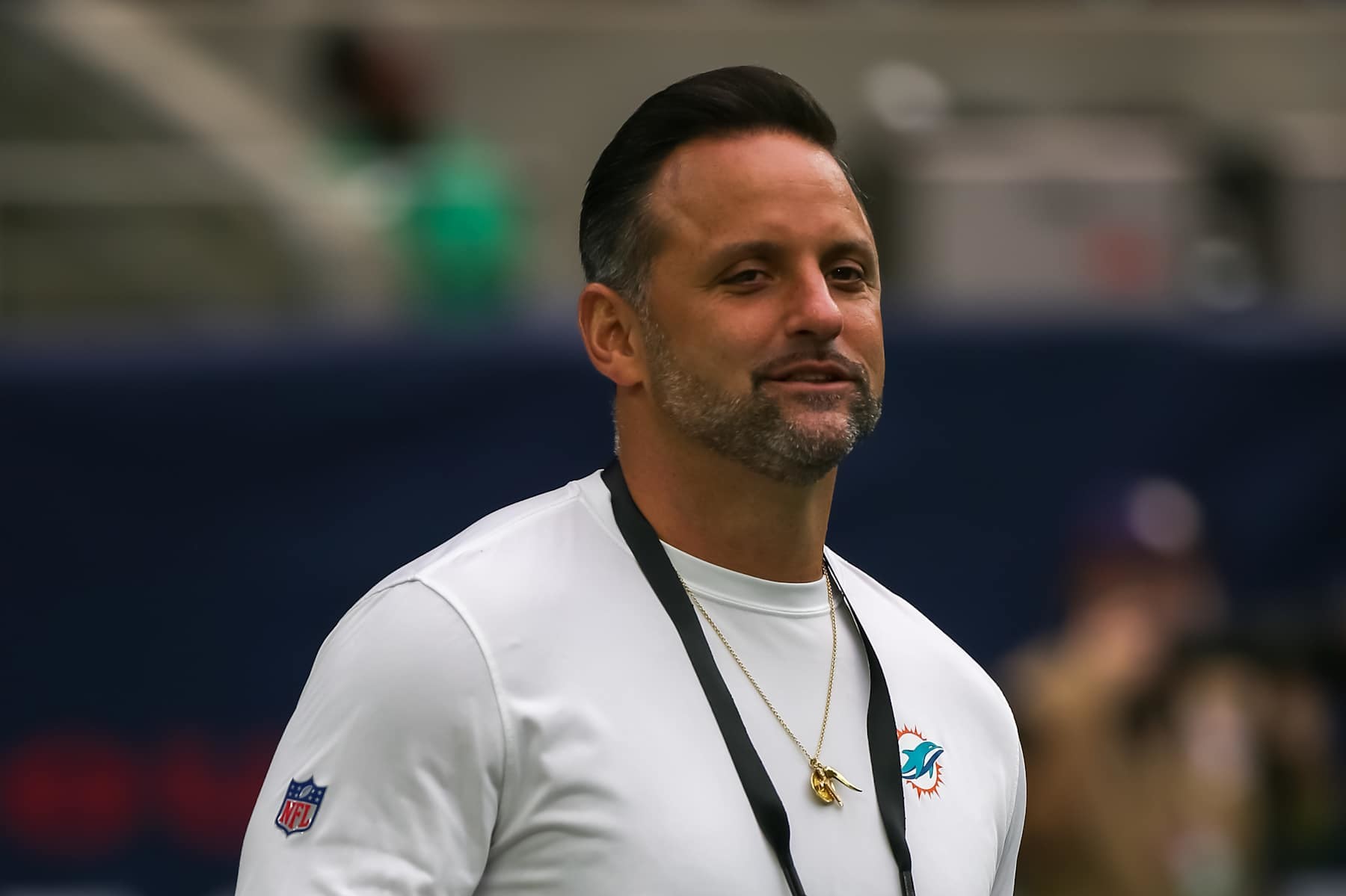 HOUSTON, TX - AUGUST 19:  Miami Dolphins linebackers coach Anthony Campanile enters the field during the preseason NFL game between the Miami Dolphins and Houston Texans on August 19, 2023 at NRG Stadium in Houston, Texas.  (Photo by Leslie Plaza Johnson/Icon Sportswire via Getty Images)