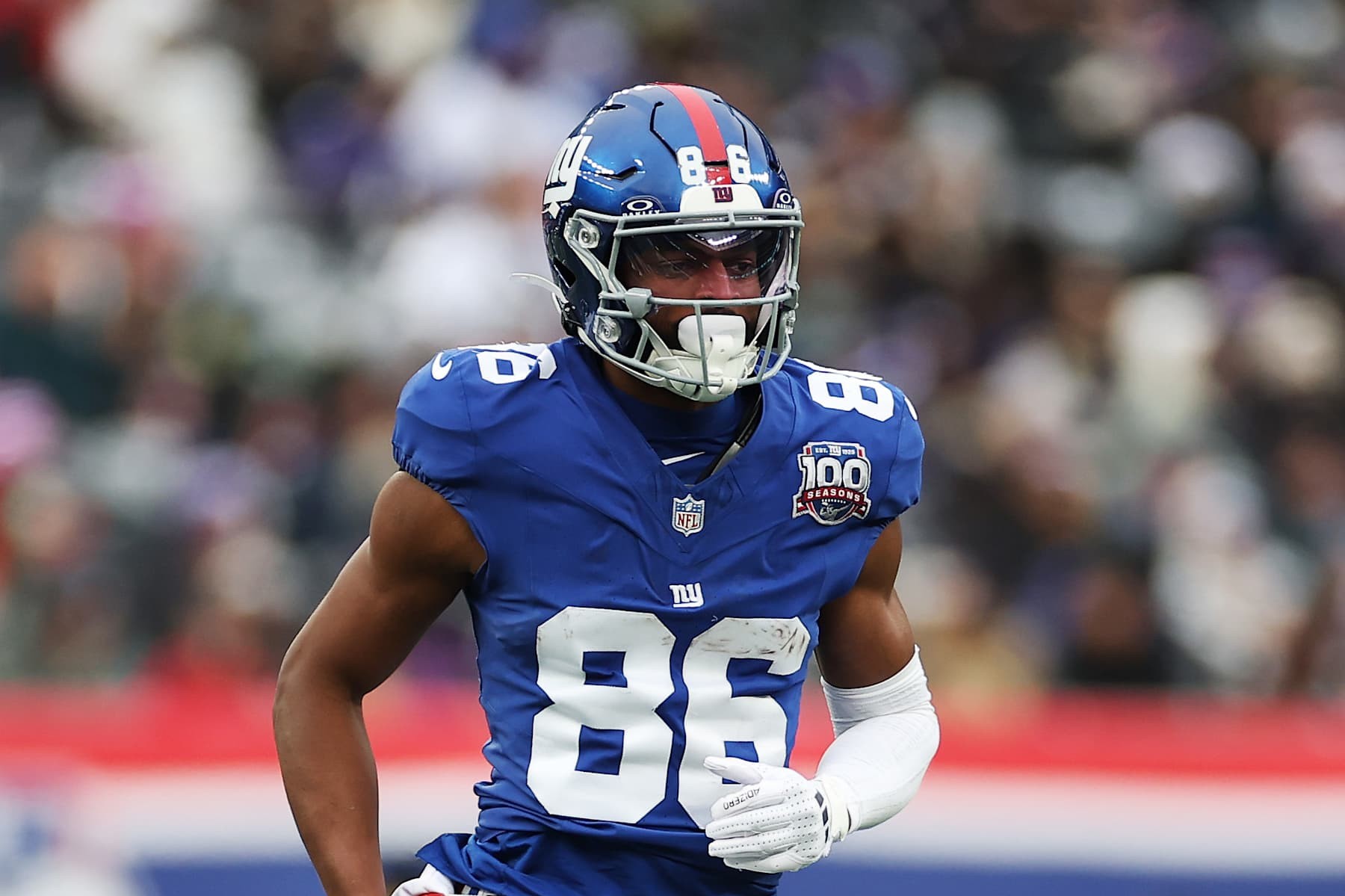 EAST RUTHERFORD, NEW JERSEY - DECEMBER 15: Darius Slayton #86 of the New York Giants in action against the Baltimore Ravens at MetLife Stadium on December 15, 2024 in East Rutherford, New Jersey. (Photo by Sarah Stier/Getty Images)