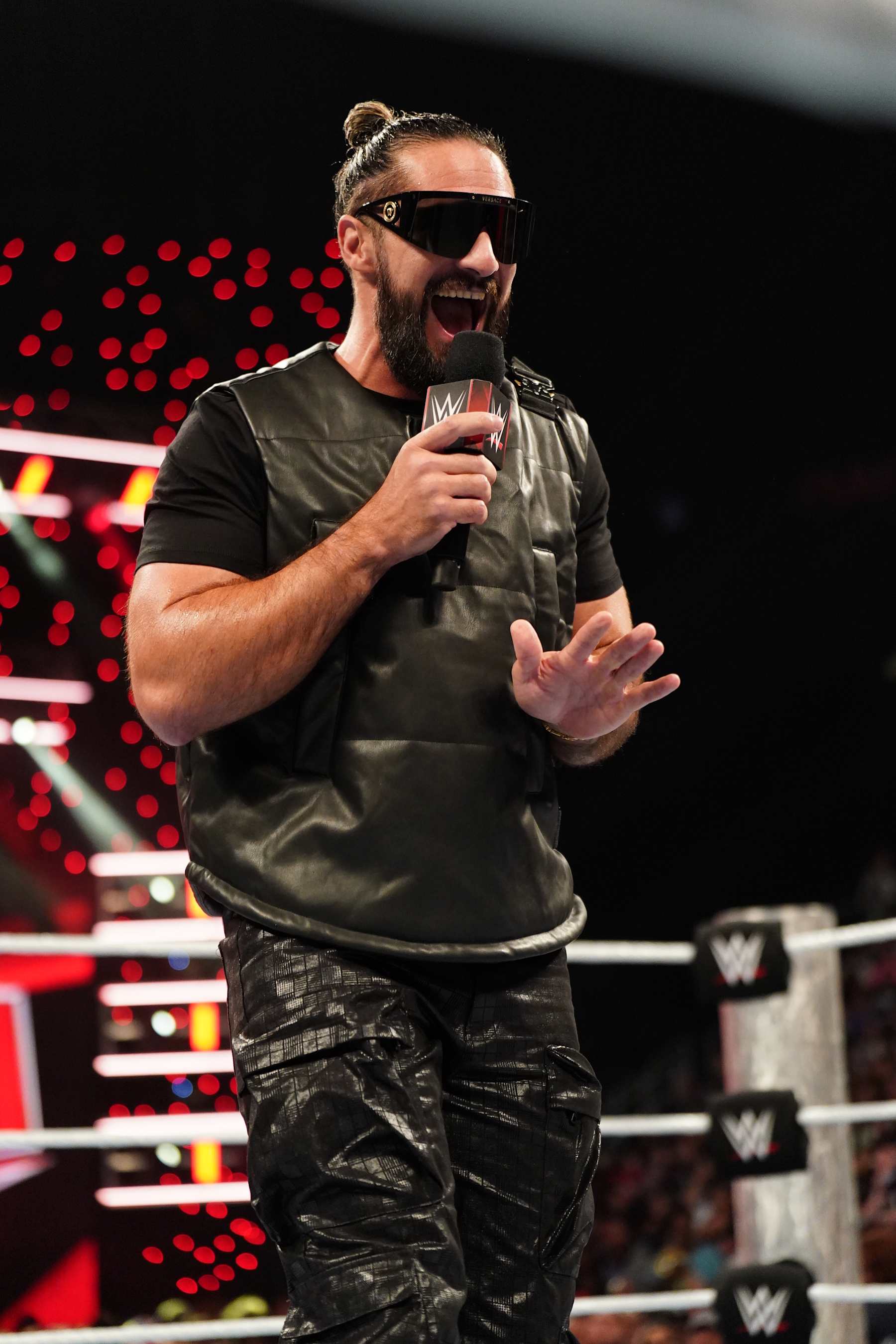 ST LOUIS, MISSOURI - OCTOBER 07: Seth Rollins addresses the crowd during Monday Night RAW at Enterprise Center on October 7, 2024 in St Louis, Missouri. (Photo by WWE/Getty Images)