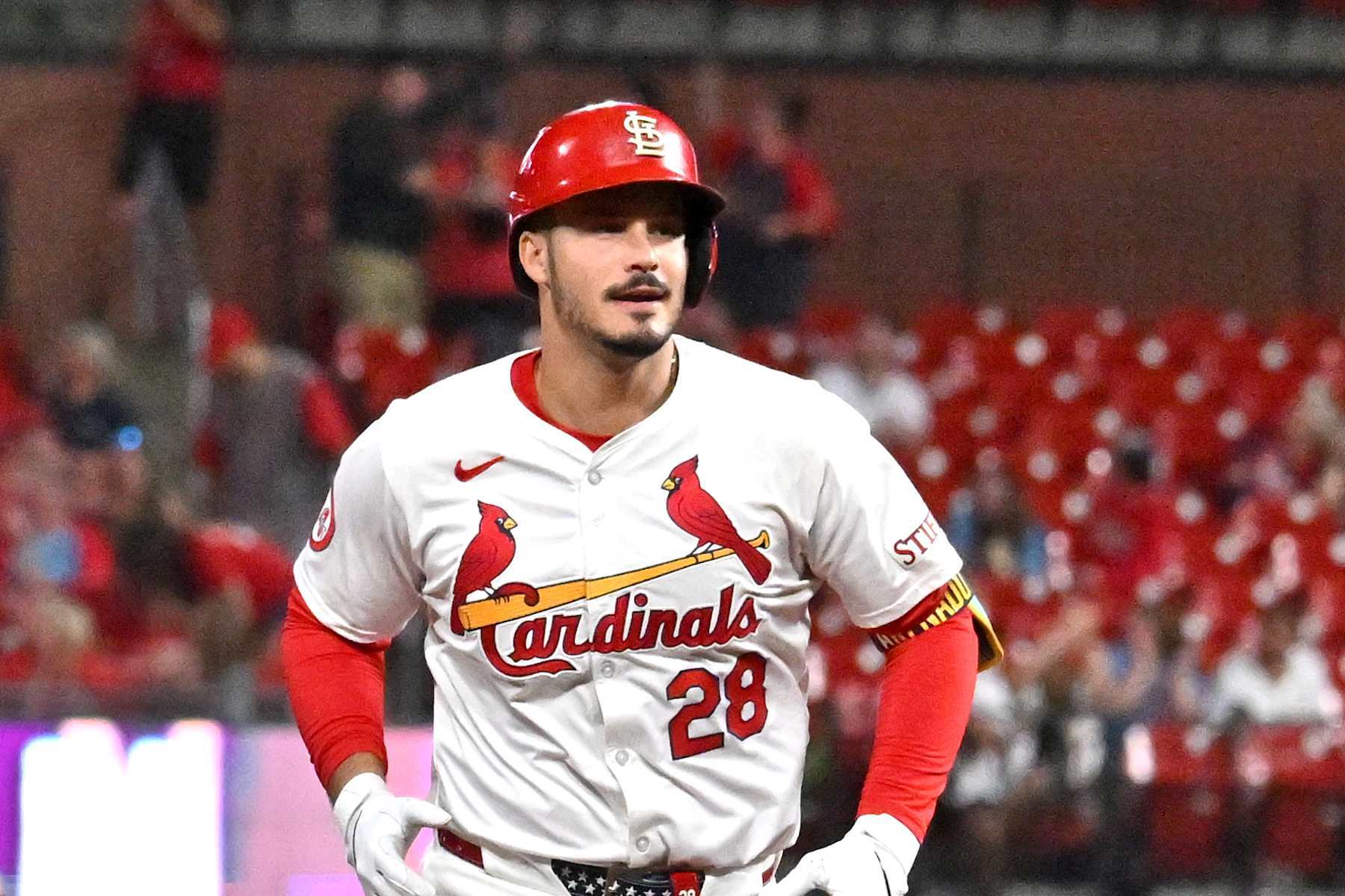 ST. LOUIS, MO - SEPTEMBER 11: St. Louis Cardinals third baseman Nolan Arenado (28) runs the bases after hitting a solo home run during a MLB game between the Cincinnati Reds and the St. Louis Cardinals, on September 11, 2024, at Busch Stadium, St. Louis, MO. (Photo by Keith Gillett/Icon Sportswire via Getty Images)