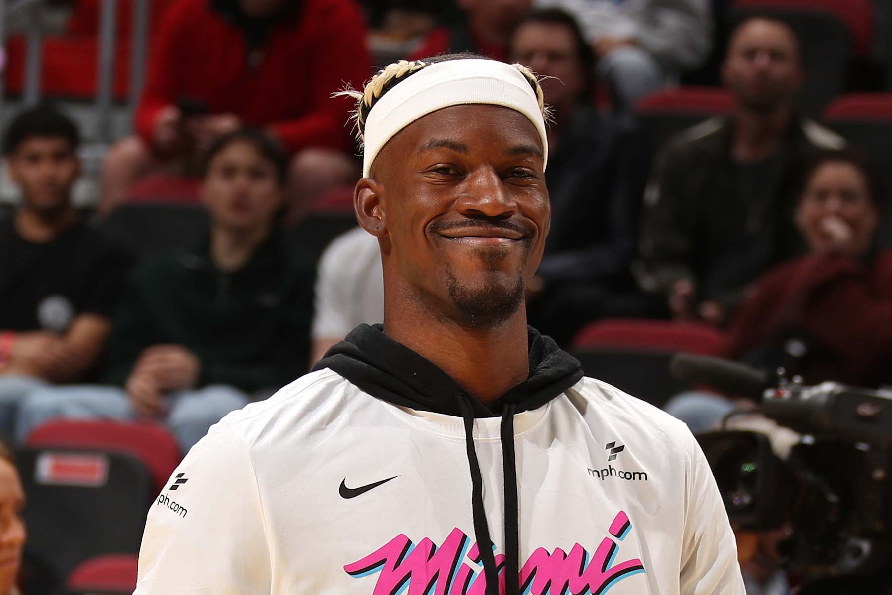 MIAMI, FL - JANUARY 17: Jimmy Butler #22 of the Miami Heat smiles before the game against the Denver Nuggets on January 17, 2025 at Kaseya Center in Miami, Florida. NOTE TO USER: User expressly acknowledges and agrees that, by downloading and or using this Photograph, user is consenting to the terms and conditions of the Getty Images License Agreement. Mandatory Copyright Notice: Copyright 2025 NBAE (Photo by Issac Baldizon/NBAE via Getty Images)
