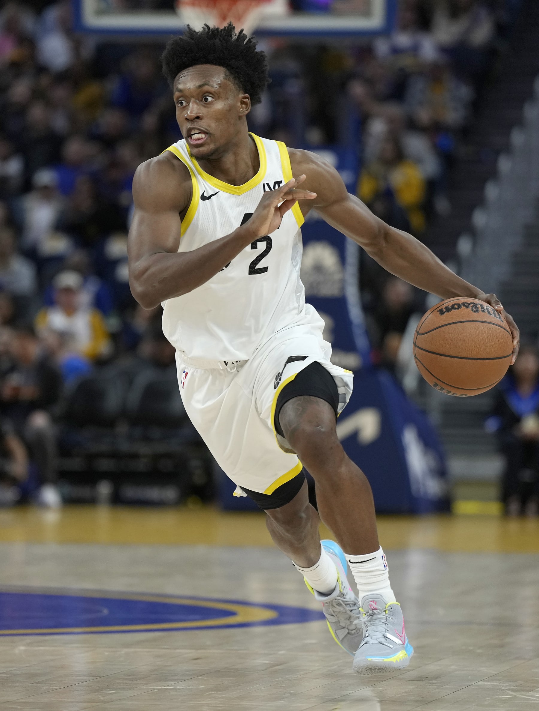 SAN FRANCISCO, CALIFORNIA - APRIL 07: Collin Sexton #2 of the Utah Jazz dribbles the ball against the Golden State Warriors during second half of an NBA basketball game at Chase Center on April 07, 2024 in San Francisco, California. NOTE TO USER: User expressly acknowledges and agrees that, by downloading and or using this photograph, User is consenting to the terms and conditions of the Getty Images License Agreement. (Photo by Thearon W. Henderson/Getty Images)