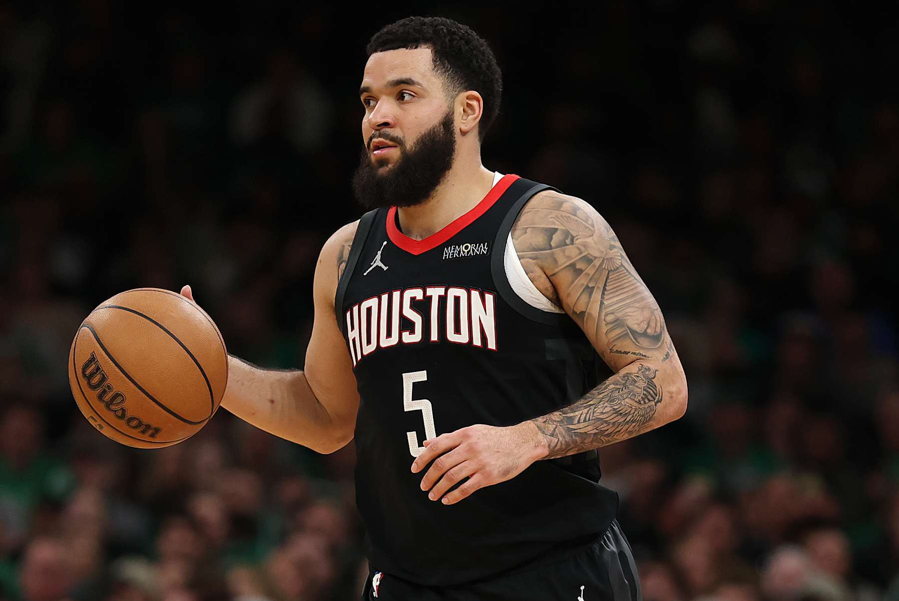 BOSTON, MASSACHUSETTS - JANUARY 27: Fred VanVleet #5 of the Houston Rockets dribbles against the Boston Celtics during the second half at TD Garden on January 27, 2025 in Boston, Massachusetts. The Rockets defeat the Celtics 114-112. NOTE TO USER: User expressly acknowledges and agrees that, by downloading and or using this photograph, User is consenting to the terms and conditions of the Getty Images License Agreement.  (Photo by Maddie Meyer/Getty Images)