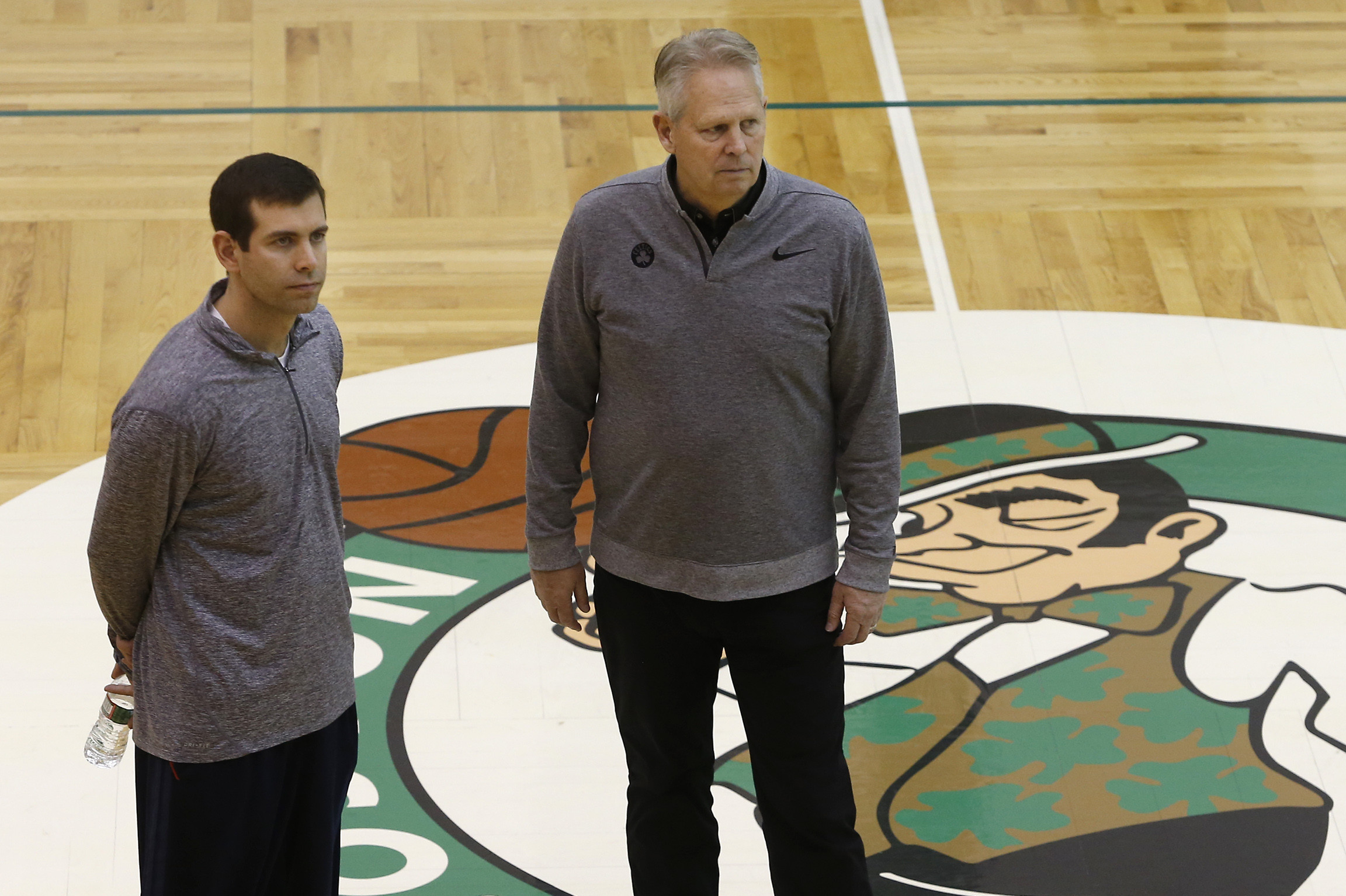 WALTHAM, MA - APRIL 23: Boston Celtics head coach Brad Stevens, left, and Celtics general manager Danny Ainge watch as Jaylen Brown shoots during Boston Celtics practice in Waltham, MA on April 23, 2018. (Photo by Jessica Rinaldi/The Boston Globe via Getty Images)