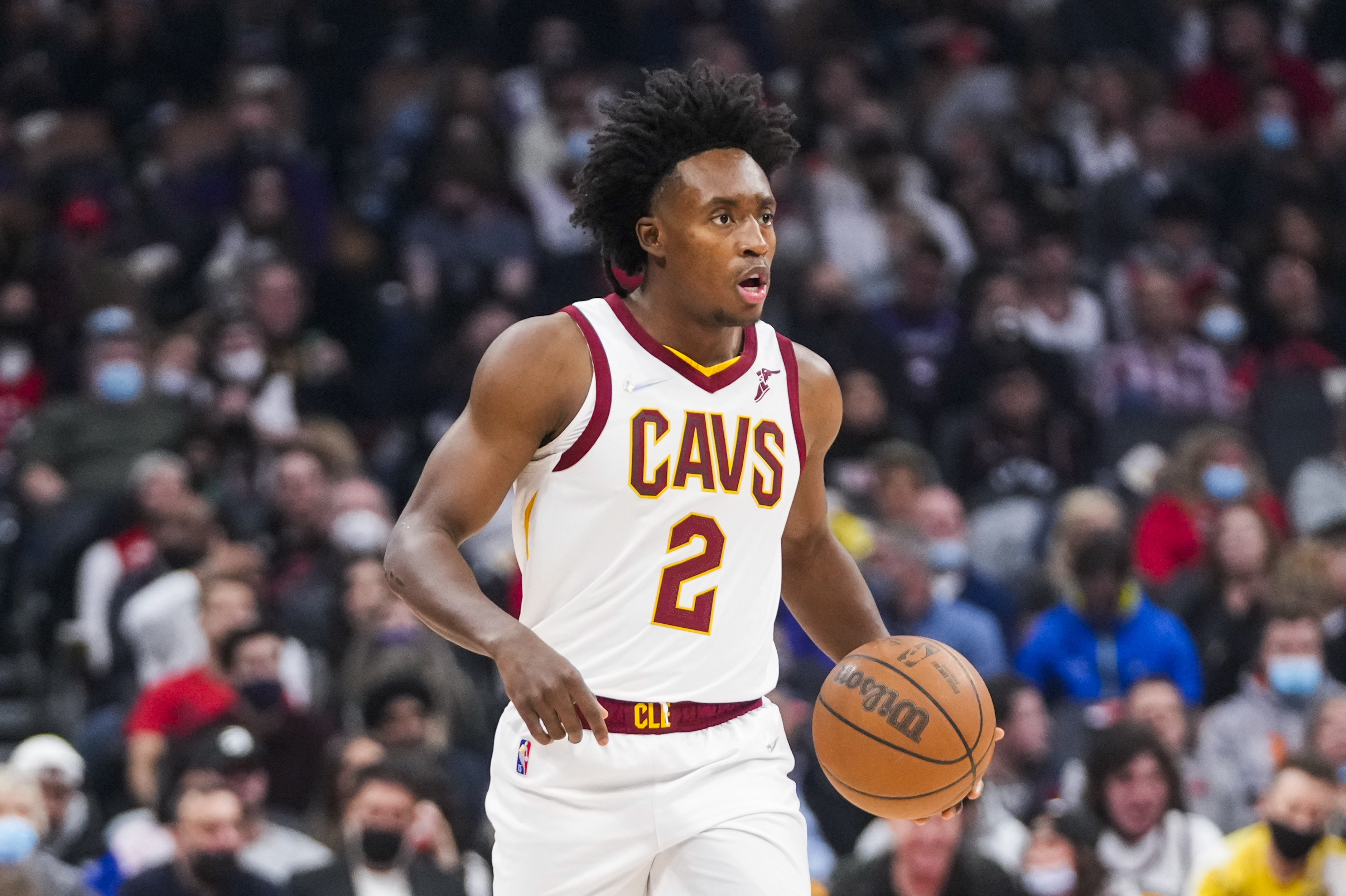 TORONTO, ON - NOVEMBER 5: Collin Sexton #2 of the Cleveland Cavaliers dribbles against the Toronto Raptors during the first half of their basketball game at the Scotiabank Arena on November 5, 2021 in Toronto, Ontario, Canada. NOTE TO USER: User expressly acknowledges and agrees that, by downloading and/or using this Photograph, NOTE TO USER: User is consenting to the terms and conditions of the Getty Images License Agreement. (Photo by Mark Blinch/Getty Images)