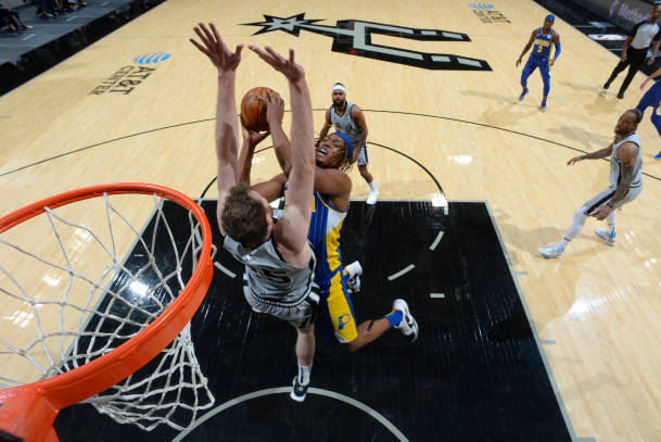 SAN ANTONIO, TX - APRIL 3: Myles Turner #33 of the Indiana Pacers shoots the ball during the game against the San Antonio Spurs on April 3, 2021 at the AT&T Center in San Antonio, Texas. NOTE TO USER: User expressly acknowledges and agrees that, by downloading and or using this photograph, user is consenting to the terms and conditions of the Getty Images License Agreement. Mandatory Copyright Notice: Copyright 2021 NBAE (Photos by Logan Riely/NBAE via Getty Images)