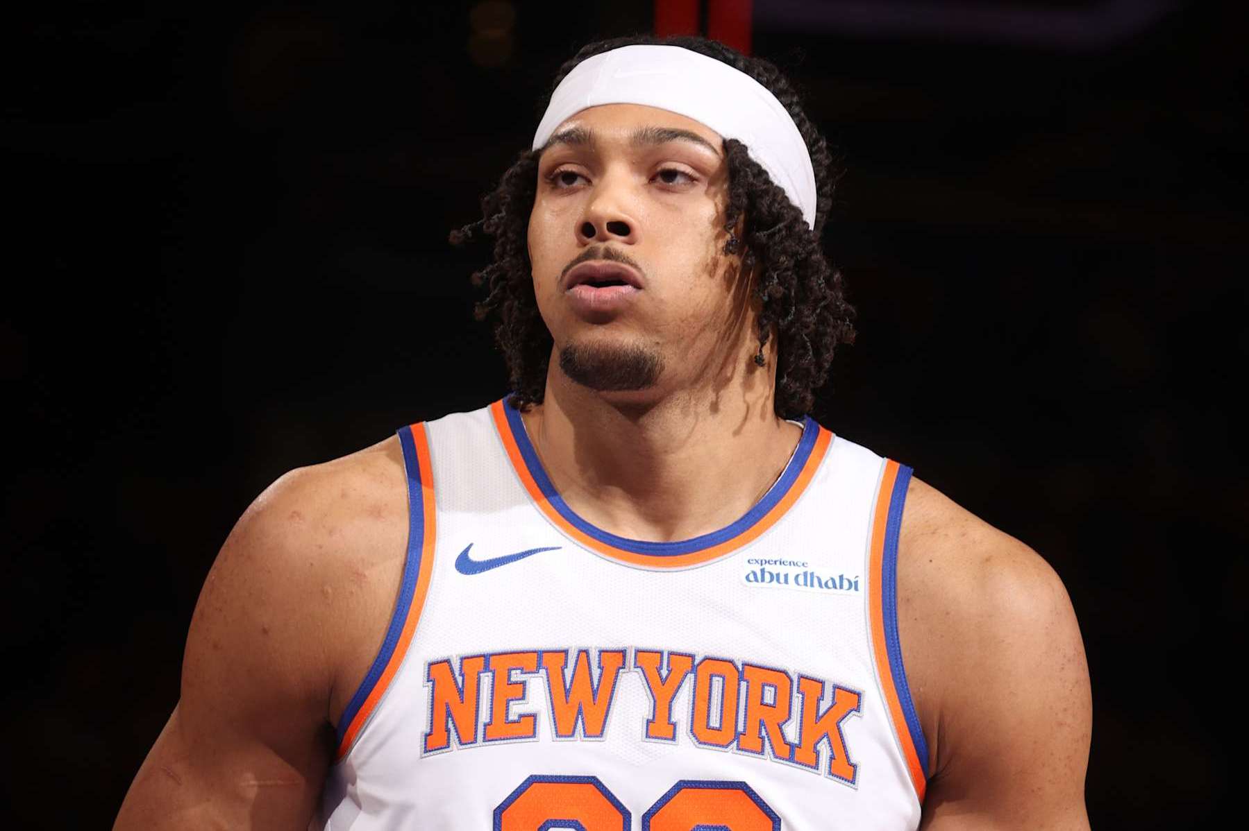 NEW YORK, NY - DECEMBER 23:  Jericho Sims #20 of the New York Knicks shoots a free throw during the game against the Toronto Raptors on December 23, 2024 at Madison Square Garden in New York City, New York.  NOTE TO USER: User expressly acknowledges and agrees that, by downloading and or using this photograph, User is consenting to the terms and conditions of the Getty Images License Agreement. Mandatory Copyright Notice: Copyright 2024 NBAE  (Photo by Nathaniel S. Butler/NBAE via Getty Images)