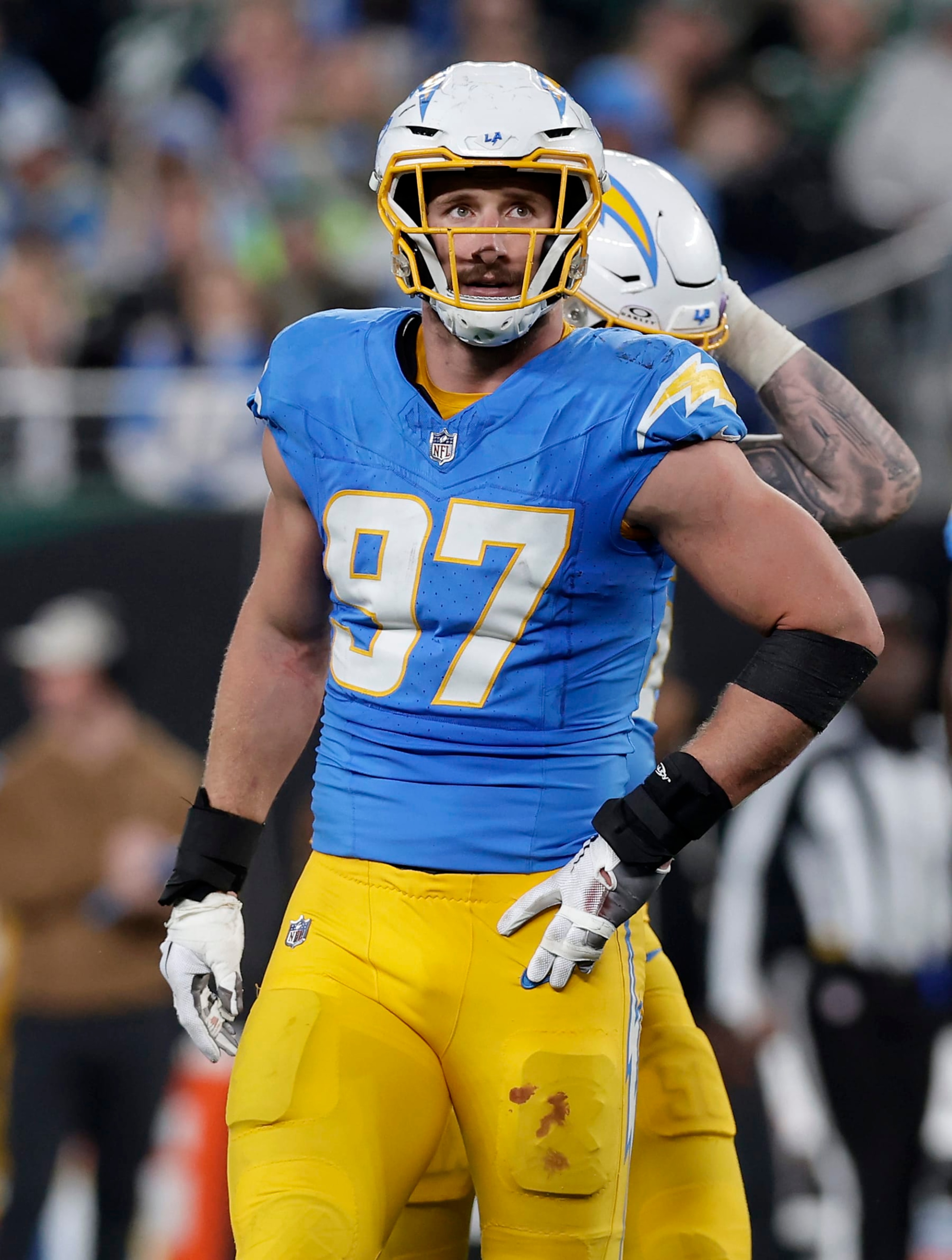 EAST RUTHERFORD, NEW JERSEY - NOVEMBER 06: (NEW YORK DAILIES OUT)  Joey Bosa #97 of the Los Angeles Chargers in action against the New York Jets at MetLife Stadium on November 06, 2023 in East Rutherford, New Jersey. The Chargers defeated the Jets 27-6. (Photo by Jim McIsaac/Getty Images)