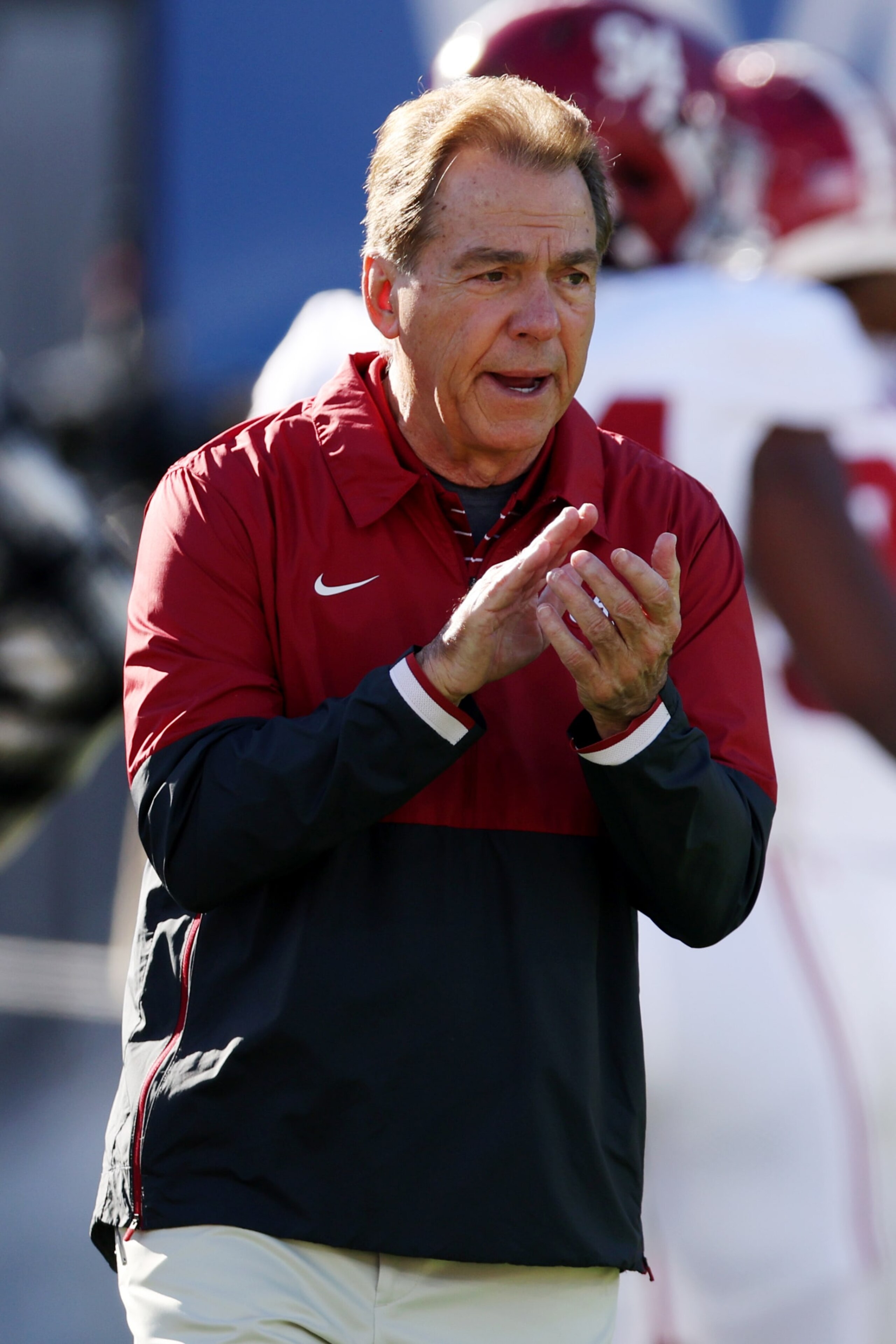 PASADENA, CALIFORNIA - JANUARY 01: Head coach Nick Saban of the Alabama Crimson Tide looks on before the CFP Semifinal Rose Bowl Game against the Michigan Wolverines at Rose Bowl Stadium on January 01, 2024 in Pasadena, California. (Photo by Harry How/Getty Images)
