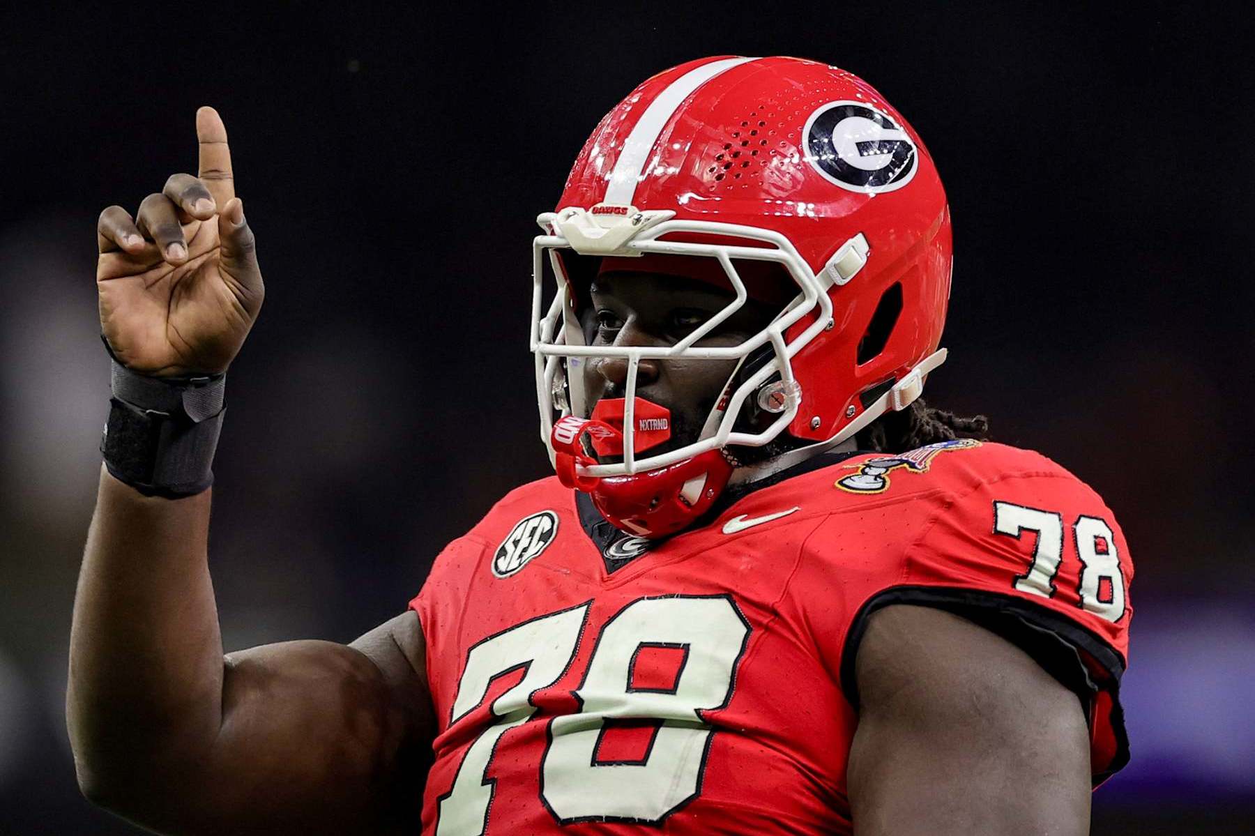 NEW ORLEANS, LOUISIANA - JANUARY 2: Nazir Stackhouse #78 of the Georgia Bulldogs celebrates a big third down play during the second half against the Notre Dame Fighting Irish at Caesars Superdome on January 2, 2025 in New Orleans, Louisiana. (Photo by CFP/Getty Images)