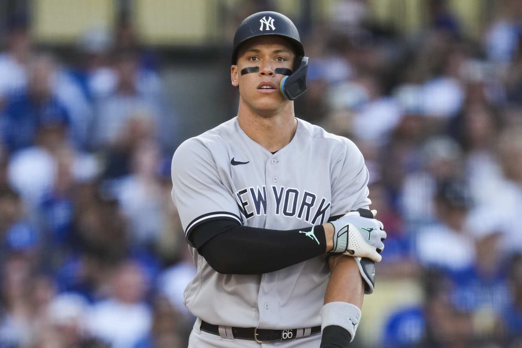 A cutout of New York Yankees right fielder Aaron Judge stands in a