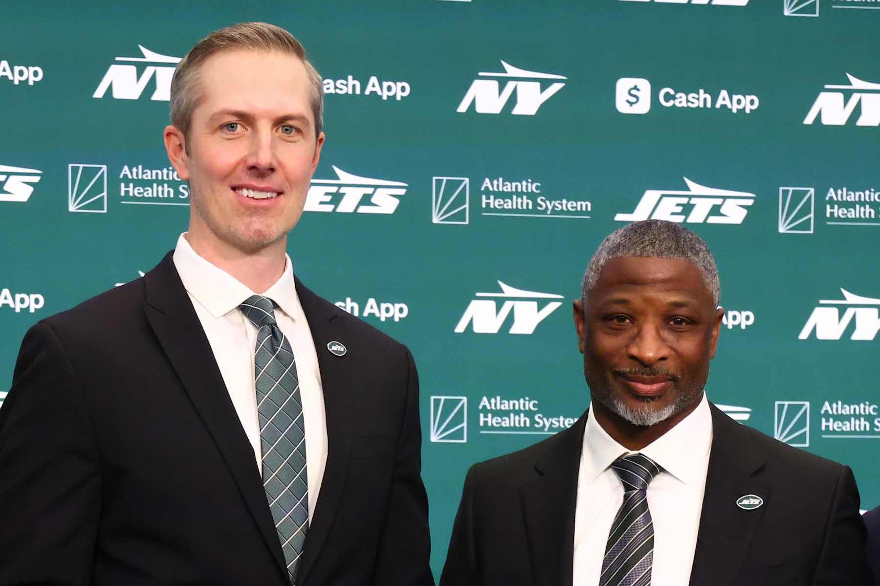 FLORHAM PARK, NEW JERSEY - JANUARY 27: New York Jets general manager Darren Mougey and head coach Aaron Glenn pose after the press conference announcing their hirings at Atlantic Health Jets Training Center on January 27, 2025 in Florham Park, New Jersey. (Photo by Ed Mulholland/Getty Images)