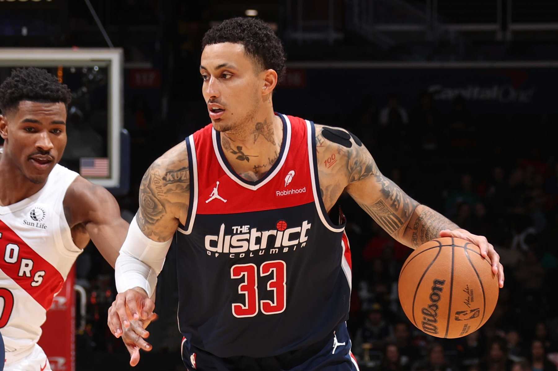 WASHINGTON, DC -  MARCH 23: Kyle Kuzma #33 of the Washington Wizards goes to the basket during the game on March 23, 2024 at Capital One Arena in Washington, DC. NOTE TO USER: User expressly acknowledges and agrees that, by downloading and or using this Photograph, user is consenting to the terms and conditions of the Getty Images License Agreement. Mandatory Copyright Notice: Copyright 2024 NBAE (Photo by Stephen Gosling/NBAE via Getty Images)