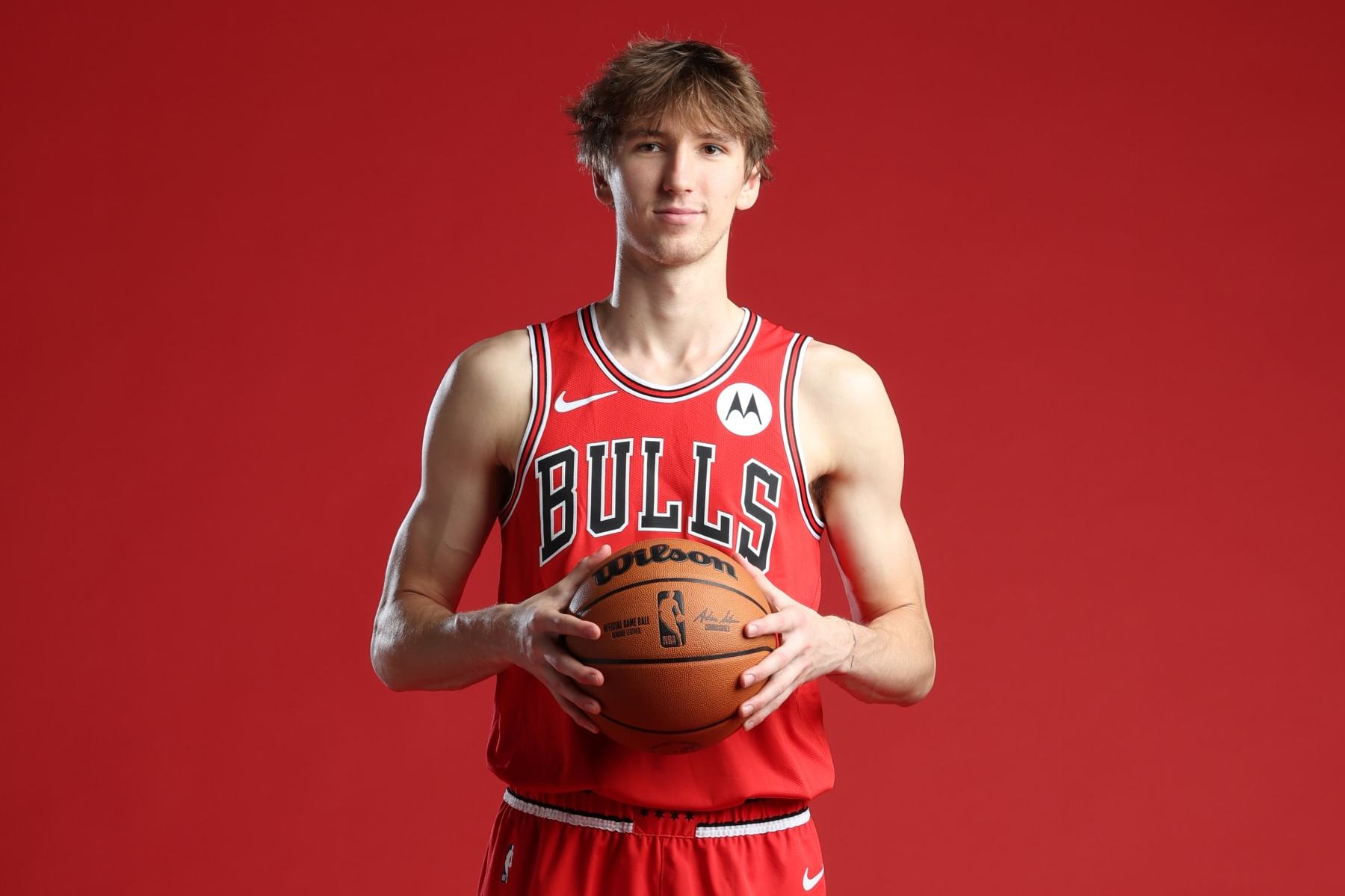 LAS VEGAS, NV - JULY 17: Matas Buzelis #14 of the Chicago Bulls poses for a portrait during the 2024 NBA Rookie Photo Shoot on July 17, 2024 at the University of Nevada, Las Vegas campus in Las Vegas, Nevada. NOTE TO USER: User expressly acknowledges and agrees that, by downloading and/or using this Photograph, user is consenting to the terms and conditions of the Getty Images License Agreement. Mandatory Copyright Notice: Copyright 2024 NBAE (Photo by David Sherman/NBAE via Getty Images)
