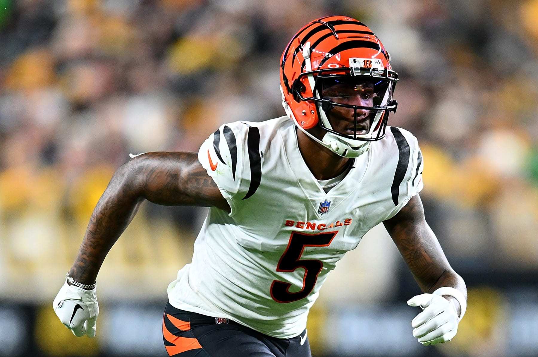 PITTSBURGH, PENNSYLVANIA - DECEMBER 23: Tee Higgins #5 of the Cincinnati Bengals in action during the game against the Pittsburgh Steelers at Acrisure Stadium on December 23, 2023 in Pittsburgh, Pennsylvania. (Photo by Joe Sargent/Getty Images)