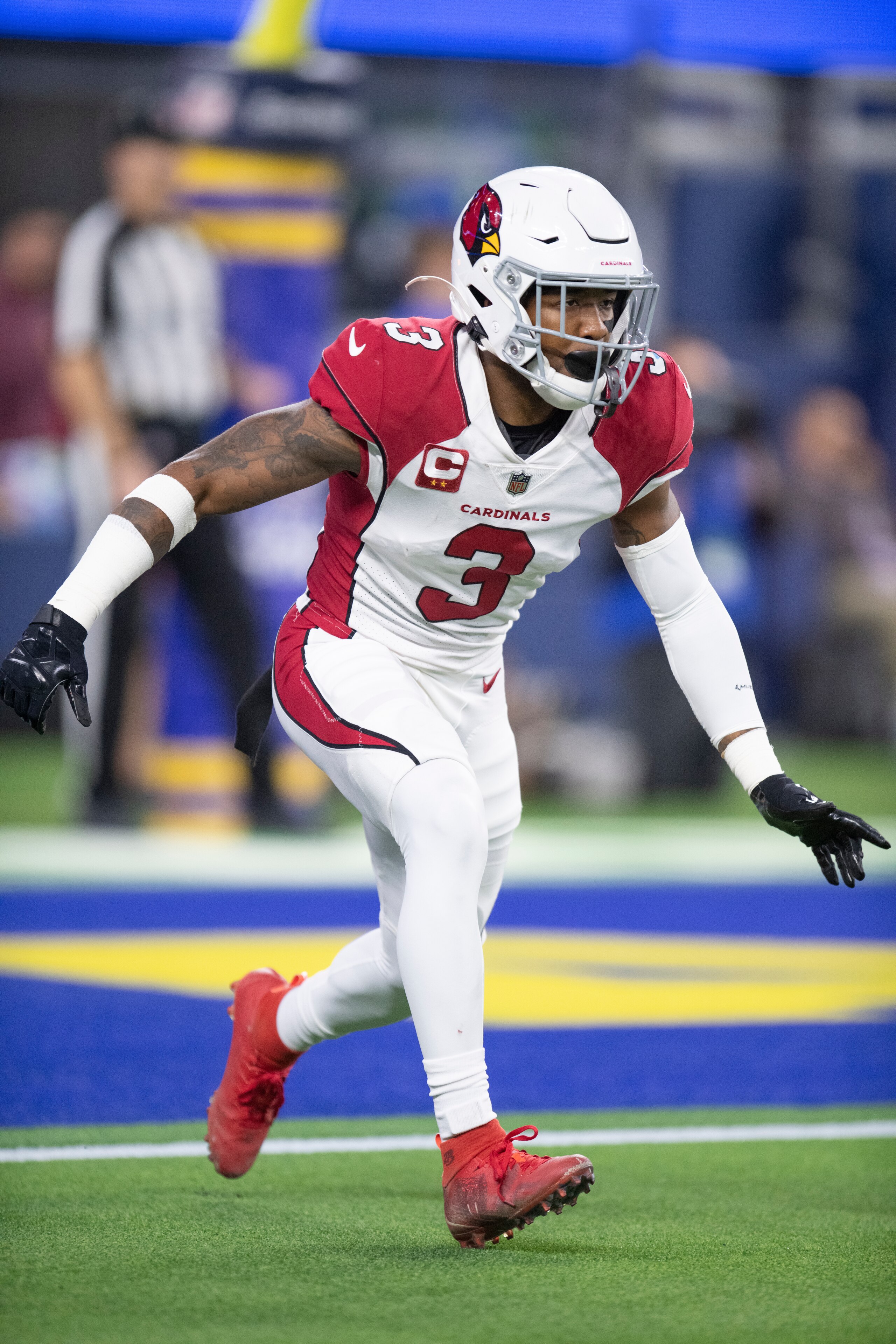 Arizona Cardinals safety Budda Baker (3) takes his stance during an NFL wild-card playoff football game against the Los Angeles Rams Monday, Jan. 17, 2022, in Inglewood, Calif. (AP Photo/Kyusung Gong)
