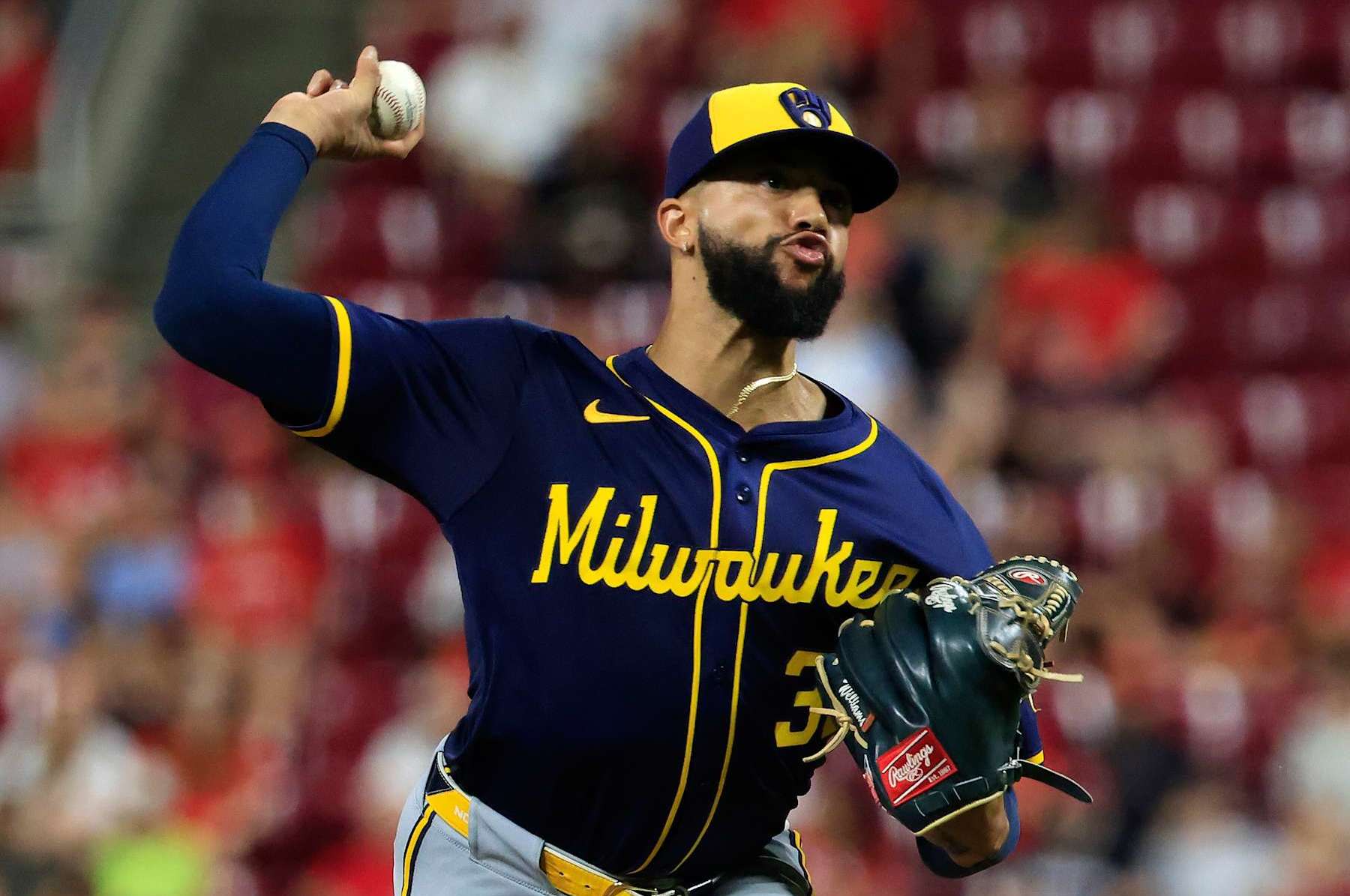 CINCINNATI, OHIO - AUGUST 31: Devin Williams #38 of the Milwaukee Brewers throws a pitch during the ninth inning against the Cincinnati Reds at Great American Ball Park on August 31, 2024 in Cincinnati, Ohio. (Photo by Justin Casterline/Getty Images)