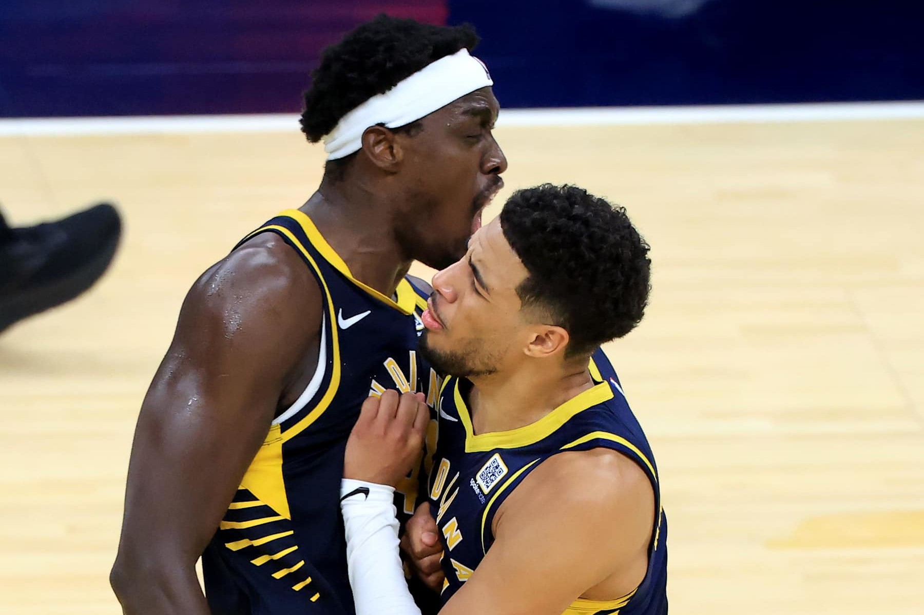 INDIANAPOLIS, INDIANA - OCTOBER 30:  Pascal Siakam #43 of the Indiana Pacers reacts after a shot with Tyrese Haliburton #0 in overtime against the Boston Celtics at Gainbridge Fieldhouse on October 30, 2024 in Indianapolis, Indiana. NOTE TO USER: User expressly acknowledges and agrees that, by downloading and or using this photograph, User is consenting to the terms and conditions of the Getty Images License Agreement. (Photo by Justin Casterline/Getty Images)