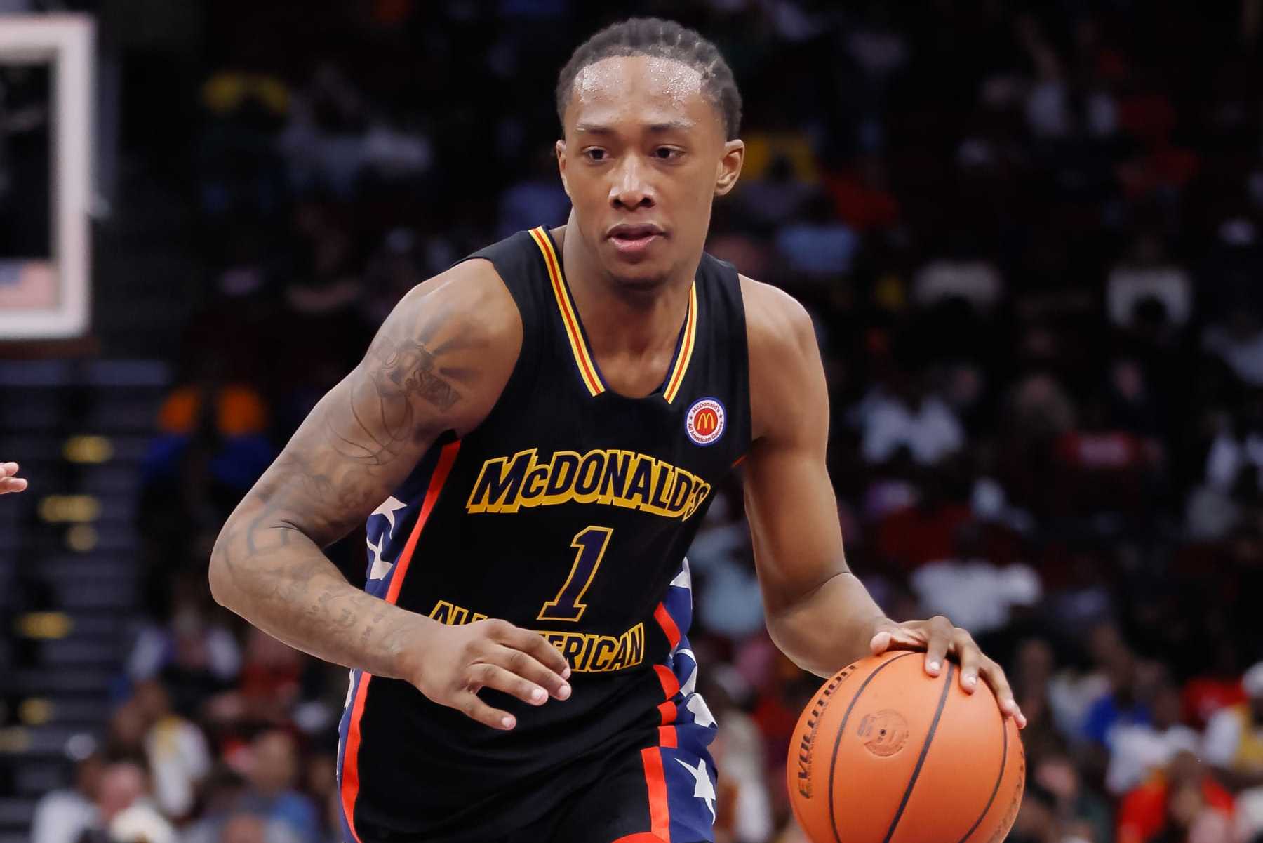 HOUSTON, TX - MARCH 28: Ron Holland II #1 of McDonald's All American Boys West drives to the basket during the McDonalds All American Basketball Games at Toyota Center on March 28, 2023 in Houston, Texas. (Photo by Michael Hickey/Getty Images)