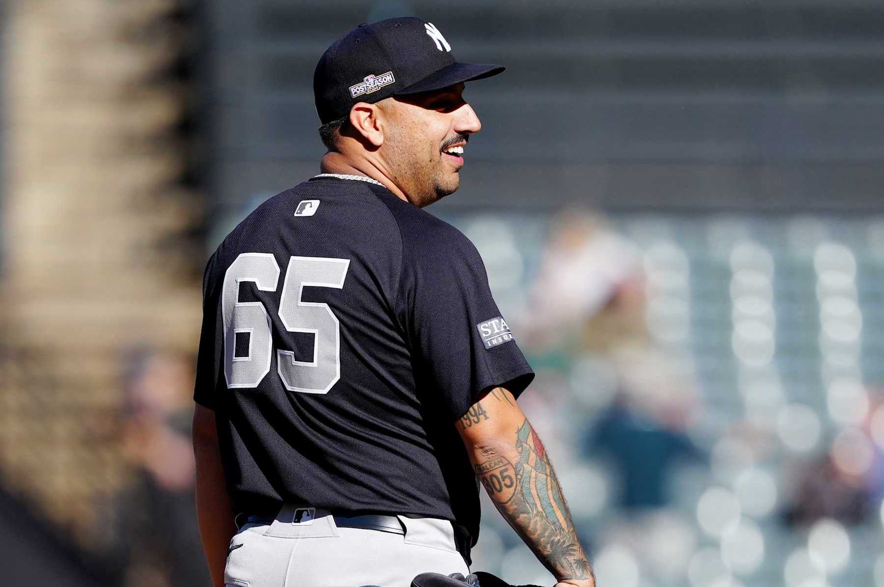 CLEVELAND, OH - OCTOBER 19:  Nestor Cortes #65 of the New York Yankees throws a simulated inning prior to Game 5 of the ALCS presented by loanDepot between the New York Yankees and the Cleveland Guardians at Progressive Field on Saturday, October 19, 2024 in Cleveland, Ohio. (Photo by Mary DeCicco/MLB Photos via Getty Images)