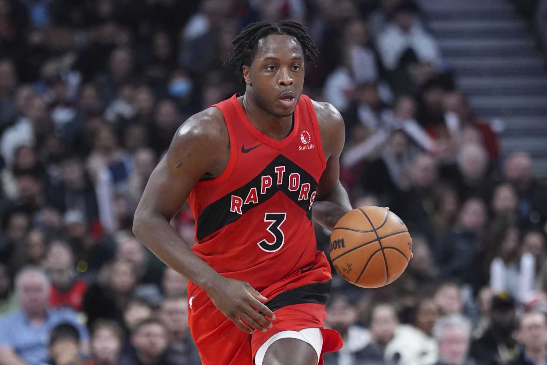 TORONTO, ON - DECEMBER 6: OG Anunoby #3 of the Toronto Raptors dribbles against the Miami Heat during the second half of their basketball game at the Scotiabank Arena on December 6, 2023 in Toronto, Ontario, Canada. NOTE TO USER: User expressly acknowledges and agrees that, by downloading and/or using this Photograph, user is consenting to the terms and conditions of the Getty Images License Agreement. (Photo by Mark Blinch/Getty Images)