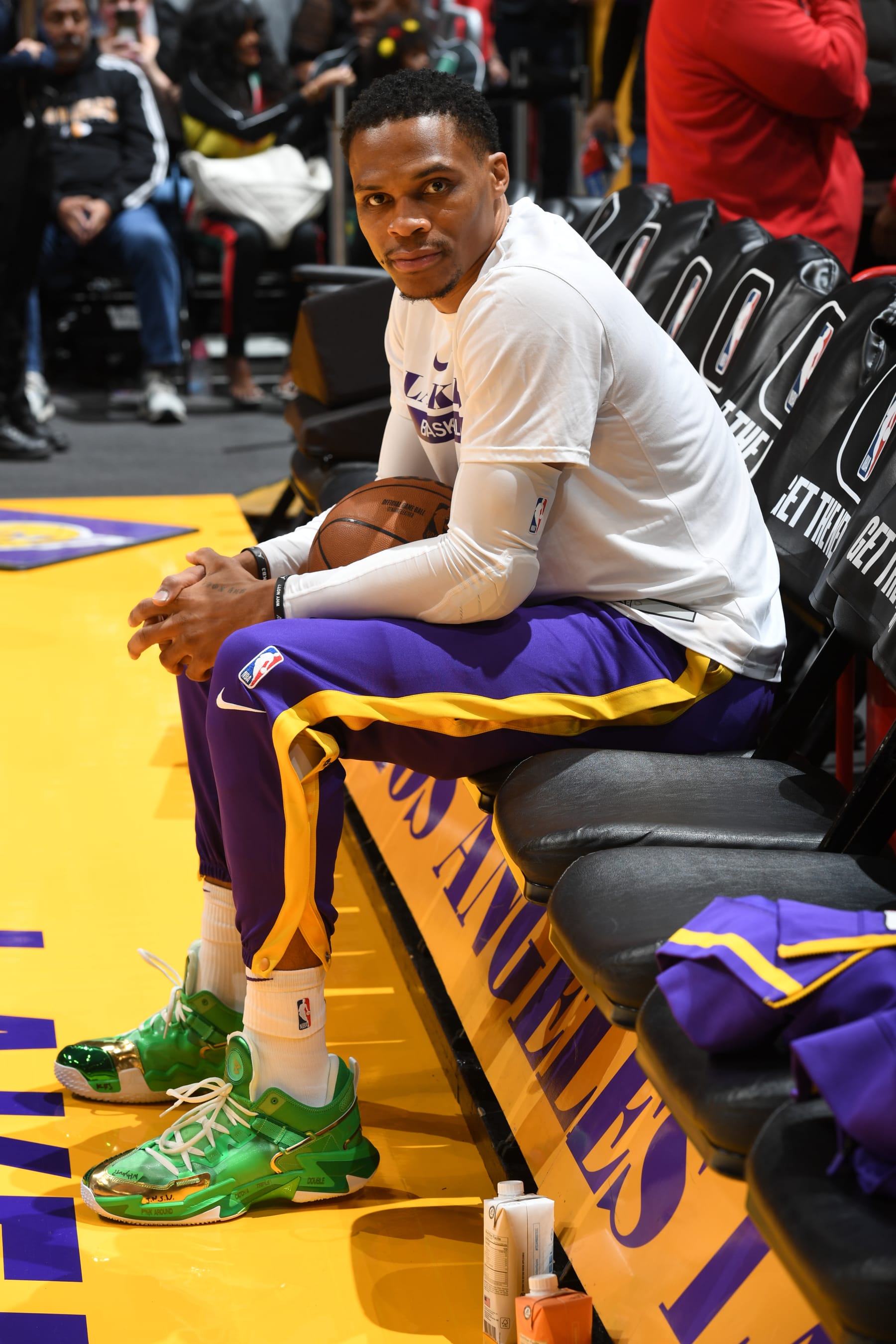 LOS ANGELES, CA - DECEMBER 13: Russell Westbrook #0 of the Los Angeles Lakers looks on before the game against the Boston Celtics on December 13, 2022 at Crypto.Com Arena in Los Angeles, California. NOTE TO USER: User expressly acknowledges and agrees that, by downloading and/or using this Photograph, user is consenting to the terms and conditions of the Getty Images License Agreement. Mandatory Copyright Notice: Copyright 2022 NBAE (Photo by Andrew D. Bernstein/NBAE via Getty Images)