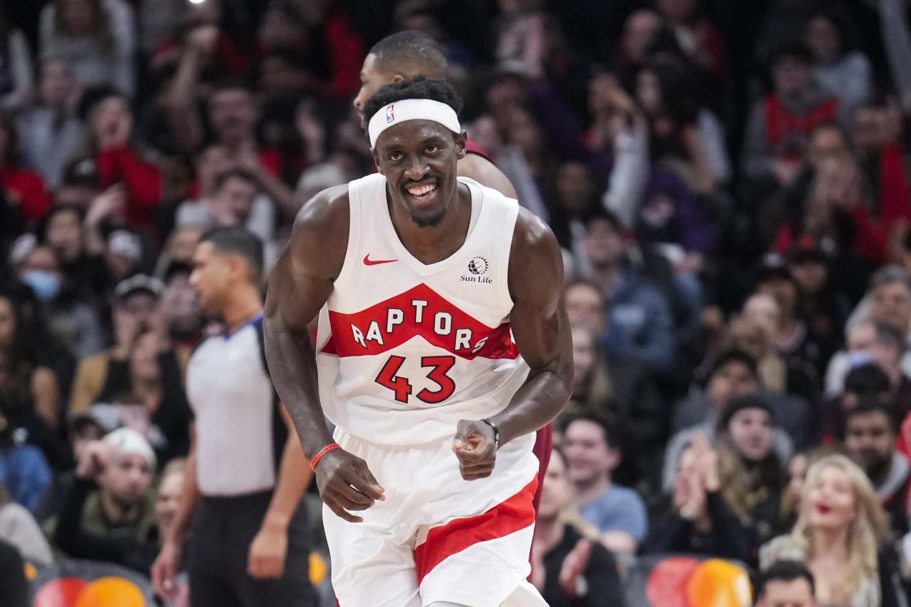 TORONTO, ON - JANUARY 1: Pascal Siakam #43 of the Toronto Raptors celebrates a shot against the Cleveland Cavaliers during the first half of their basketball game at the Scotiabank Arena on January 1, 2024 in Toronto, Ontario, Canada. NOTE TO USER: User expressly acknowledges and agrees that, by downloading and/or using this Photograph, user is consenting to the terms and conditions of the Getty Images License Agreement. (Photo by Mark Blinch/Getty Images)