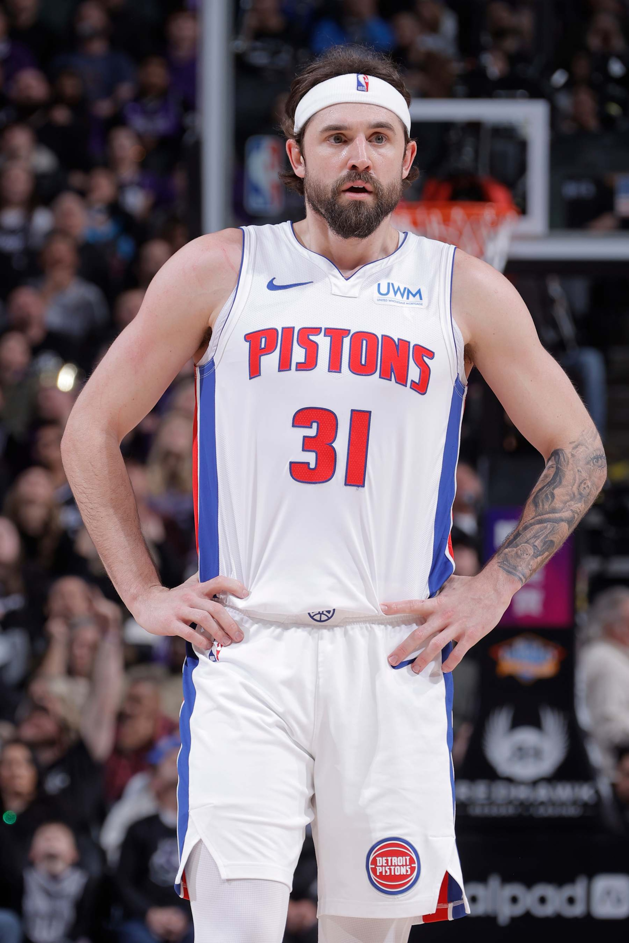 SACRAMENTO, CA - FEBRUARY 7: Joe Harris #31 of the Detroit Pistons looks on during the game against the Sacramento Kings on February 7, 2024 at Golden 1 Center in Sacramento, California. NOTE TO USER: User expressly acknowledges and agrees that, by downloading and or using this Photograph, user is consenting to the terms and conditions of the Getty Images License Agreement. Mandatory Copyright Notice: Copyright 2024 NBAE (Photo by Rocky Widner/NBAE via Getty Images)