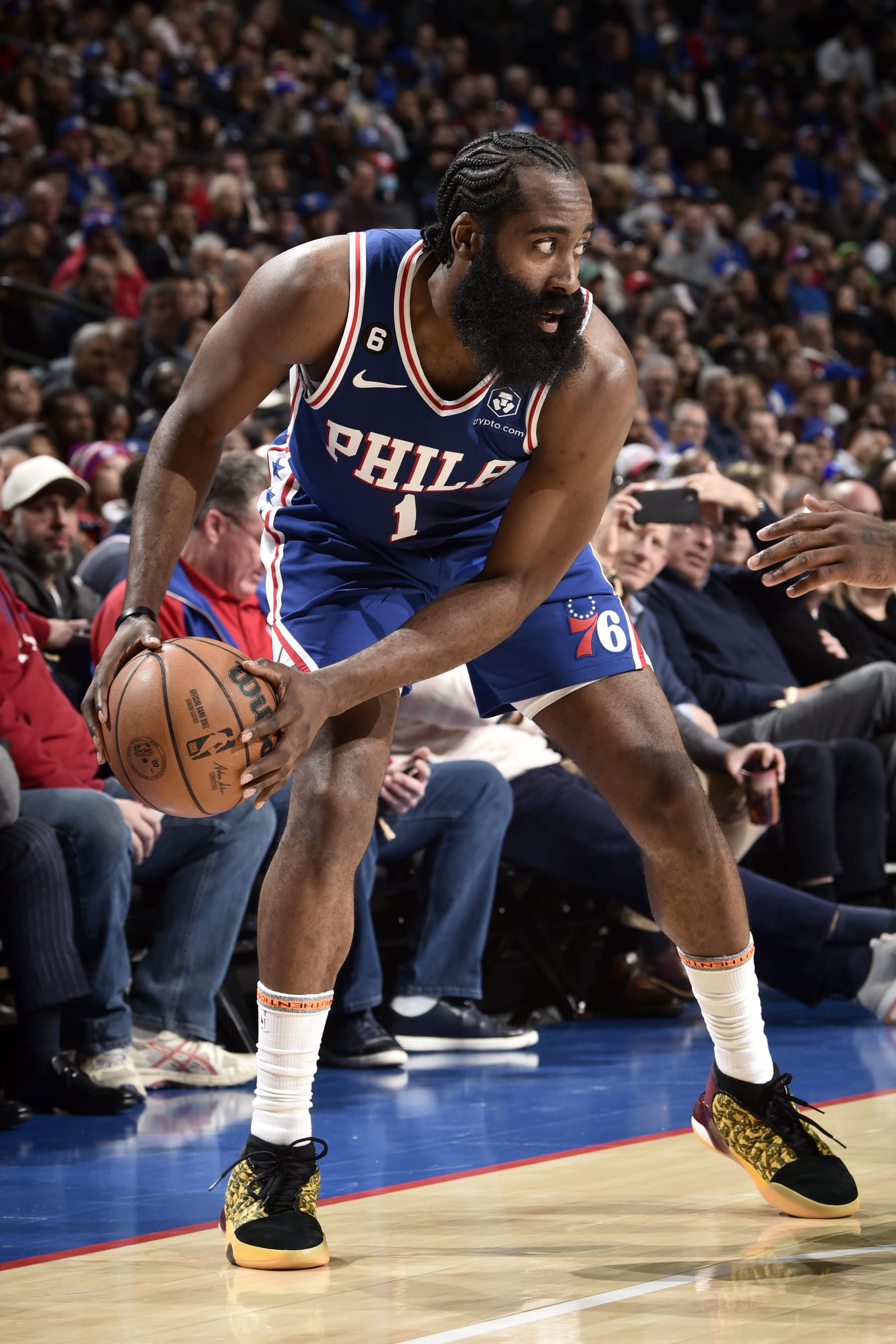 PHILADELPHIA, PA - DECEMBER 13: James Harden #1 of the Philadelphia 76ers handles the ball during the game against the Sacramento Kings on December 13, 2022 at the Wells Fargo Center in Philadelphia, Pennsylvania NOTE TO USER: User expressly acknowledges and agrees that, by downloading and/or using this Photograph, user is consenting to the terms and conditions of the Getty Images License Agreement. Mandatory Copyright Notice: Copyright 2022 NBAE (Photo by David Dow/NBAE via Getty Images)