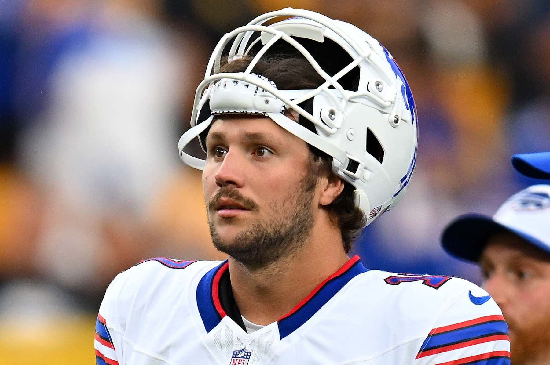 PITTSBURGH, PENNSYLVANIA - AUGUST 17: Josh Allen #17 of the Buffalo Bills warms up prior to the preseason game against the Pittsburgh Steelers at Acrisure Stadium on August 17, 2024 in Pittsburgh, Pennsylvania. (Photo by Joe Sargent/Getty Images)
