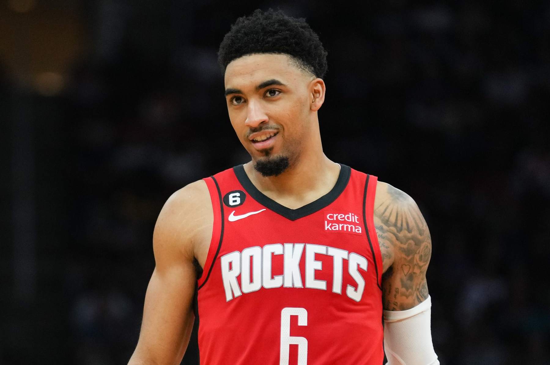 HOUSTON, TEXAS - APRIL 04: Kenyon Martin Jr. #6 of the Houston Rockets looks on during the game against the Denver Nuggets at Toyota Center on April 04, 2023 in Houston, Texas. NOTE TO USER: User expressly acknowledges and agrees that, by downloading and or using this photograph, User is consenting to the terms and conditions of the Getty Images License Agreement.  (Photo by Alex Bierens de Haan/Getty Images)