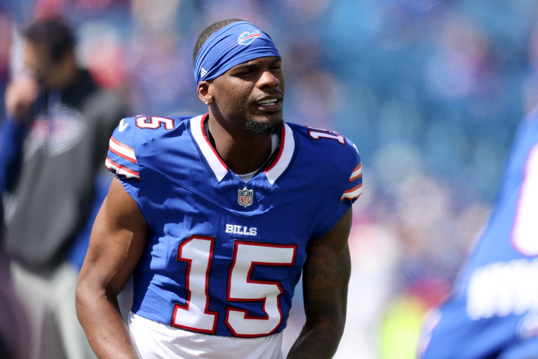 ORCHARD PARK, NEW YORK - SEPTEMBER 08: Marquez Valdes-Scantling #15 of the Buffalo Bills warms up prior to a game against the Arizona Cardinals at Highmark Stadium on September 08, 2024 in Orchard Park, New York. (Photo by Bryan Bennett/Getty Images)