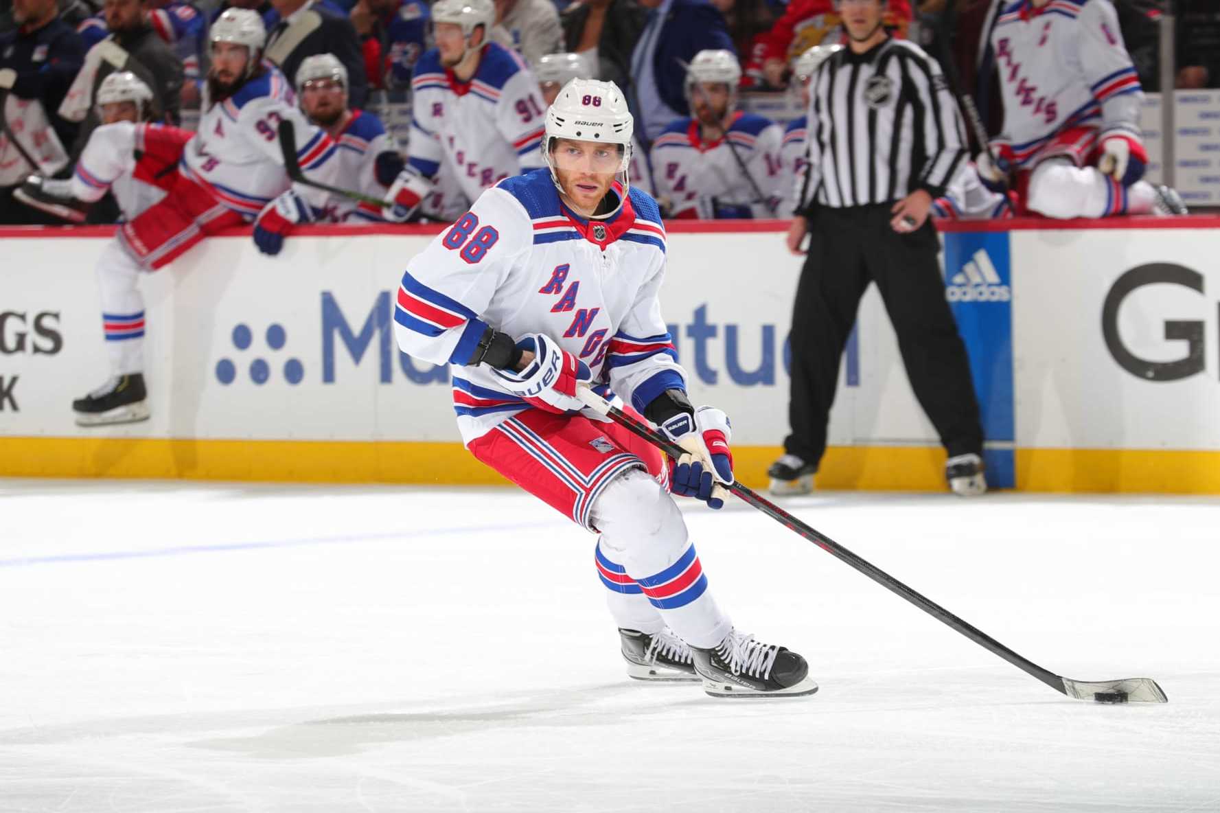 NEWARK, NJ - MAY 01: Patrick Kane #88 of the New York Rangers skates in the third period of Game Seven of the First Round of the 2023 Stanley Cup Playoffs against the New Jersey Devils at the Prudential Center on May 1, 2023 in Newark, New Jersey. (Photo by Rich Graessle/NHLI via Getty Images)