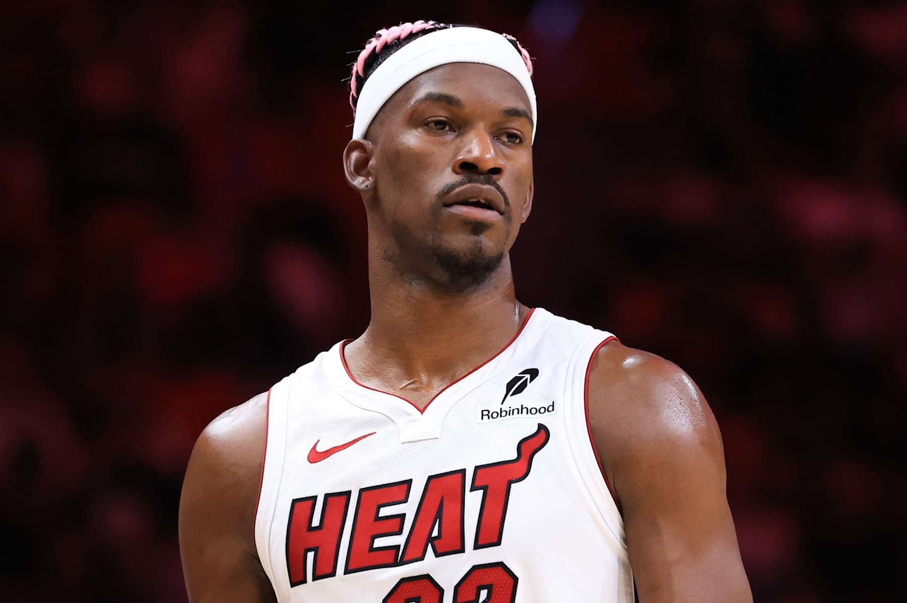 MIAMI, FLORIDA - JANUARY 01: Jimmy Butler #22 of the Miami Heat looks on against the New Orleans Pelicans during the second quarter of the game at Kaseya Center on January 01, 2025 in Miami, Florida. NOTE TO USER: User expressly acknowledges and agrees that, by downloading and or using this photograph, User is consenting to the terms and conditions of the Getty Images License Agreement. (Photo by Megan Briggs/Getty Images)