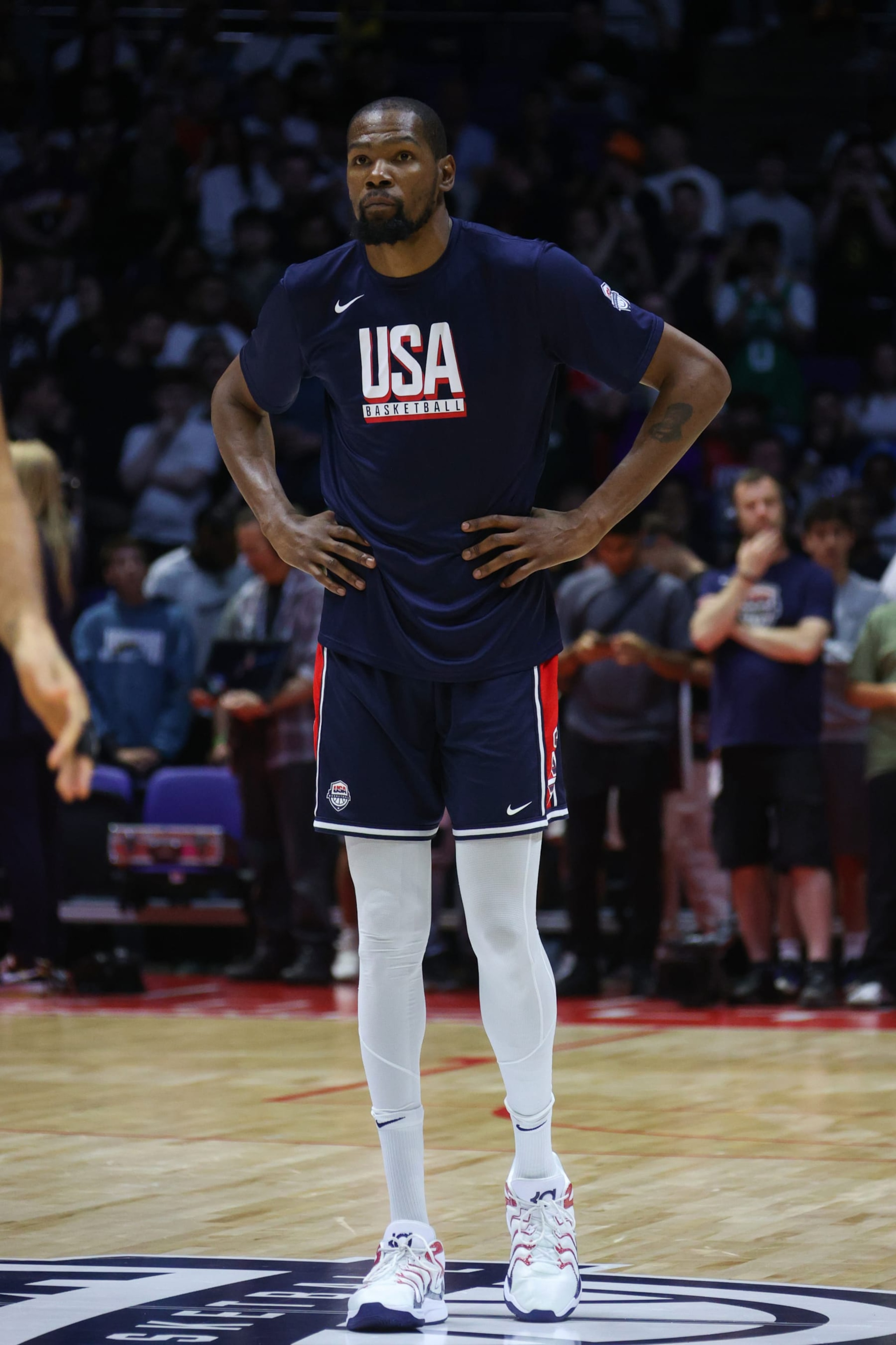 LONDON, ENGLAND - JULY 22: Kevin Durant #7 of Team USA looks on before the game against Team Germany as part of the 2024 USA Basketball Showcase on July 22, 2024 in London, England at O2 Arena. NOTE TO USER: User expressly acknowledges and agrees that, by downloading and/or using this photograph, user is consenting to the terms and conditions of the Getty Images License Agreement. Mandatory Copyright Notice: Copyright 2024 NBAE (Photo by Nathaniel S. Butler/NBAE via Getty Images)